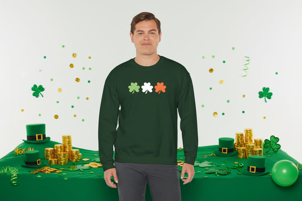 Irish Shamrock Trio Crewneck Sweatshirt – Green White Orange St. Patrick’s Day Pullover Flag Colors