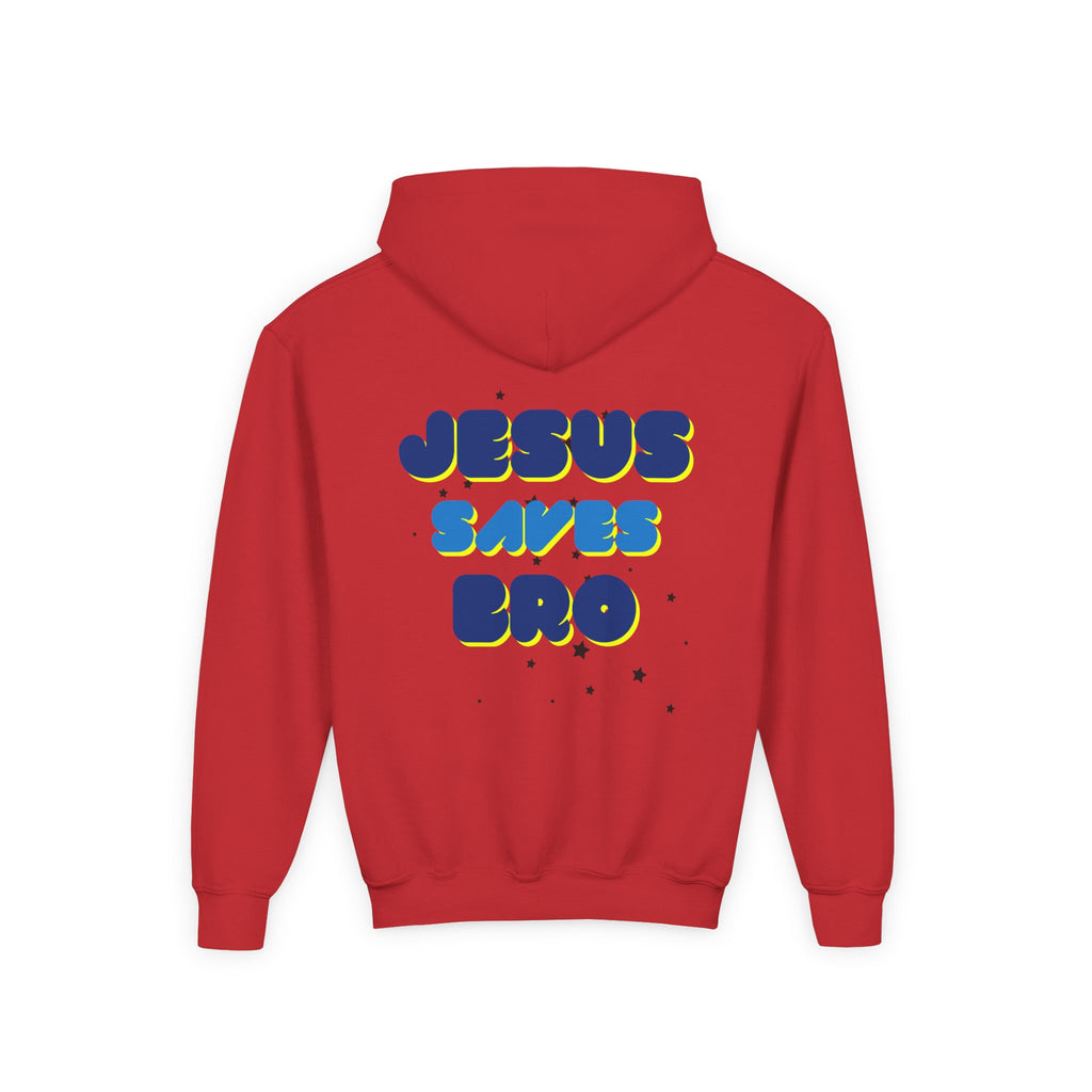 Youth Hoodie — "Jesus Saves Bro" Christian Graphic Pullover
