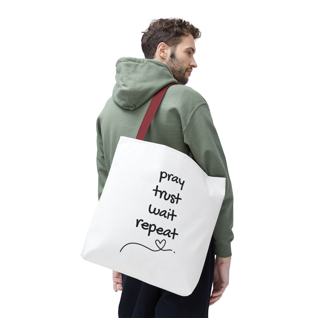 Pray Trust Wait Repeat Tote Bag — Inspirational Faith Canvas Tote