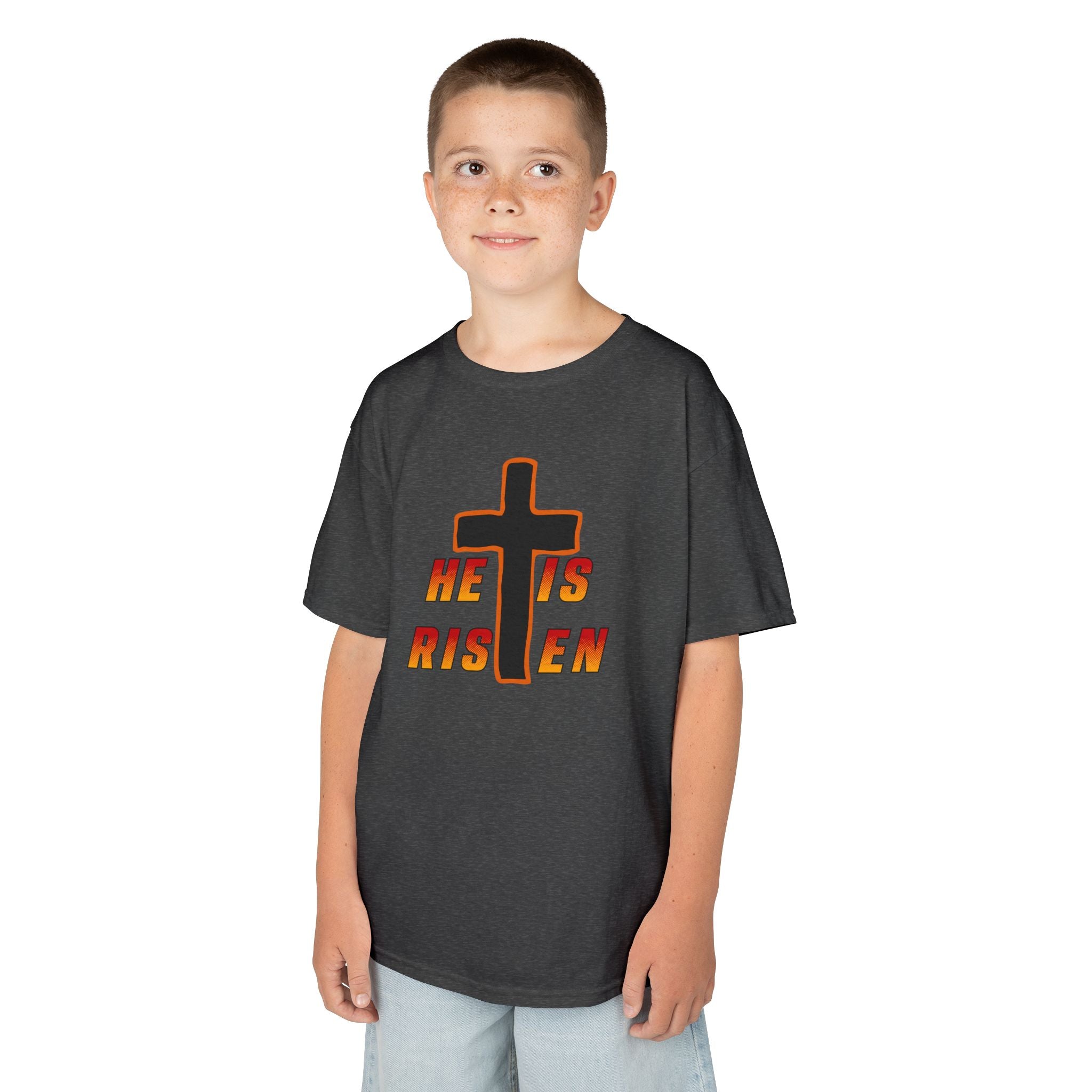 Kids Tee — "He Is Risen" Cross Easter T‑Shirt