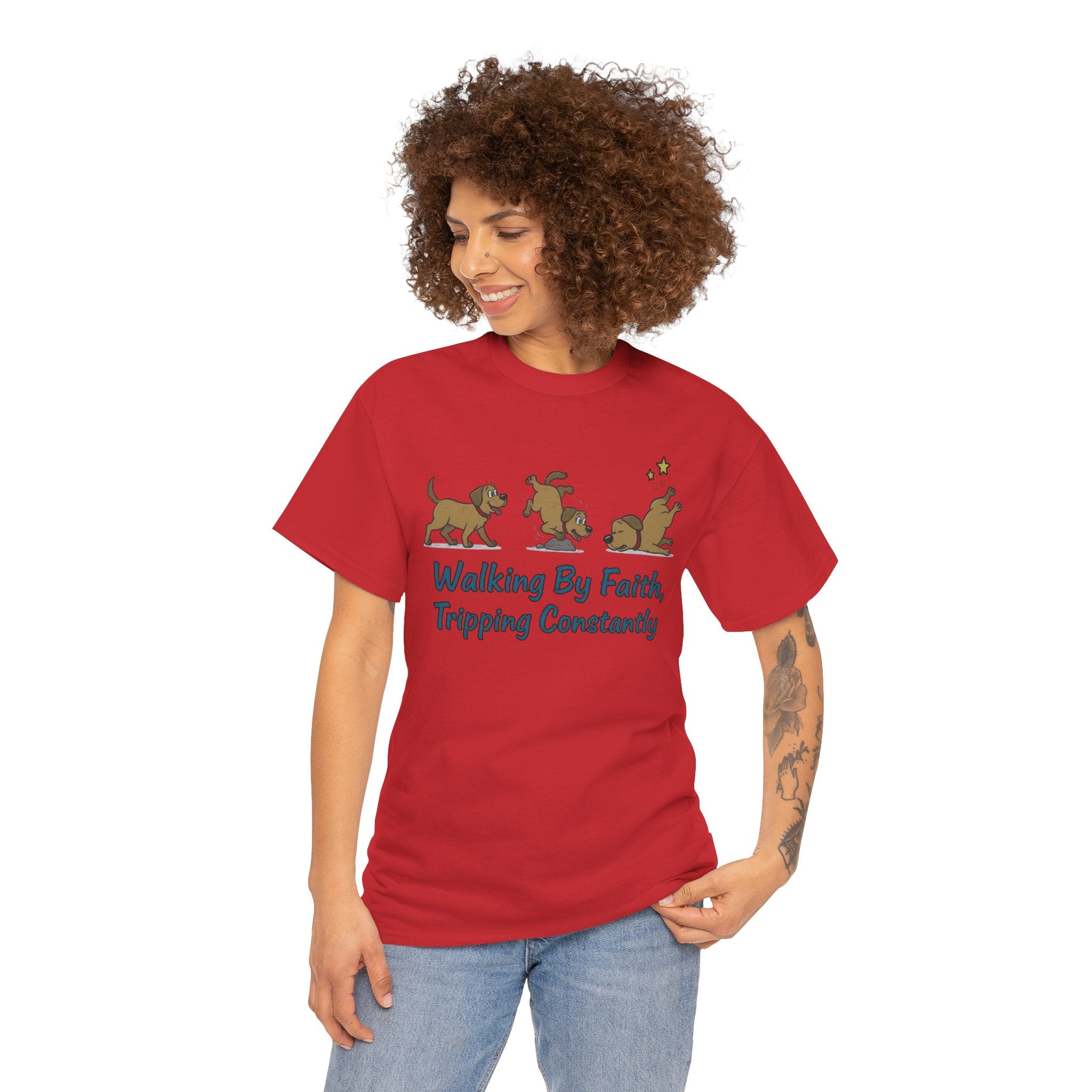 Faith Dog T-Shirt — "Walking By Faith, Tripping Constantly" Cute Christian Tee