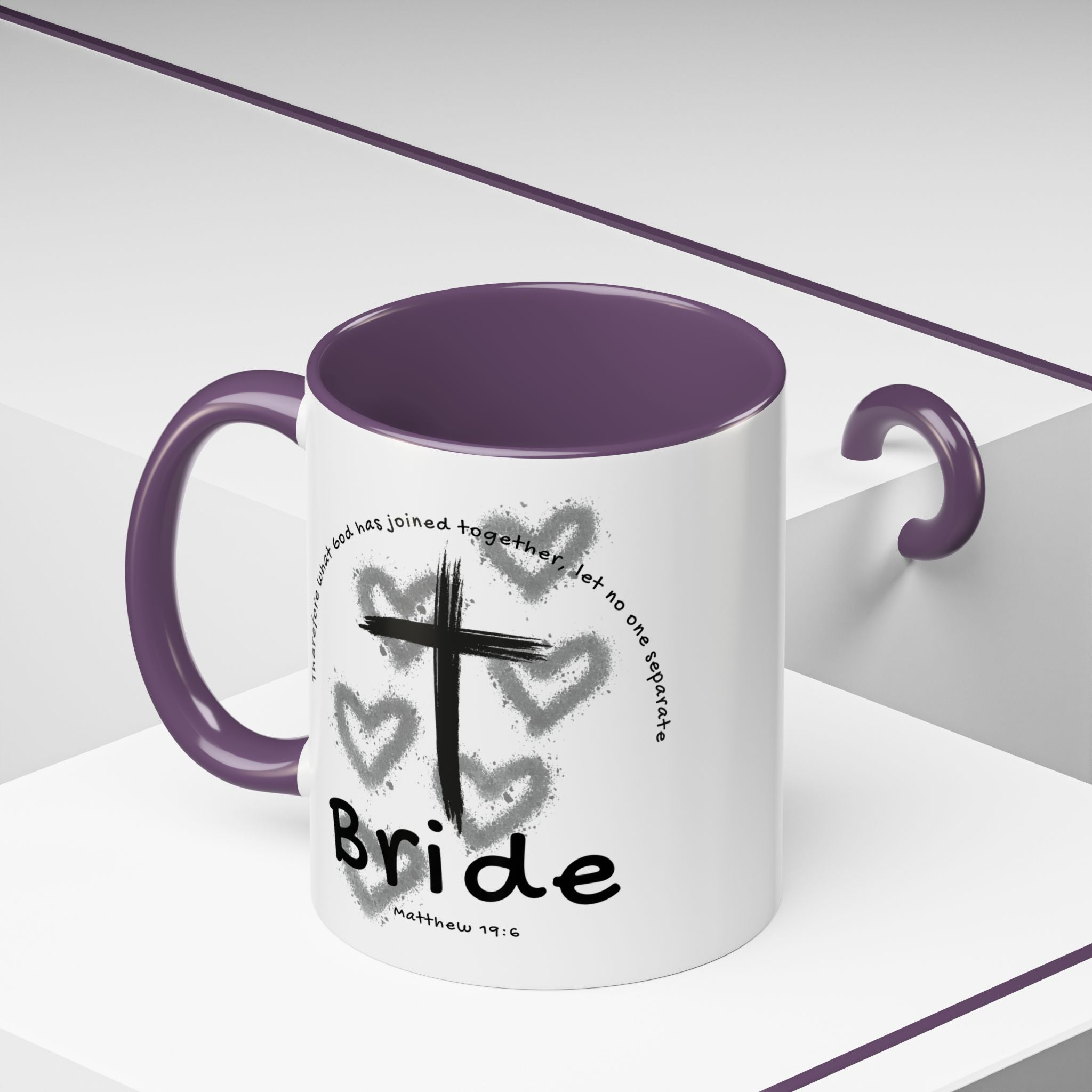 Bride Coffee Mug — Christian Cross & Hearts Accent Mug (Matthew 19:6)