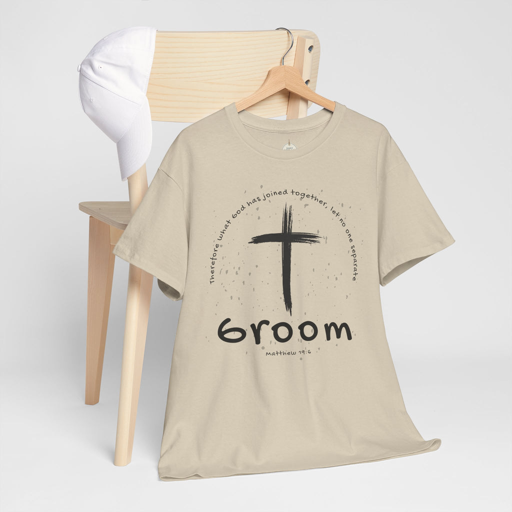 Groom Cross Tee — Christian Wedding Groom T-Shirt (Scripture Verse Design) - Christian - Matthew 19:6