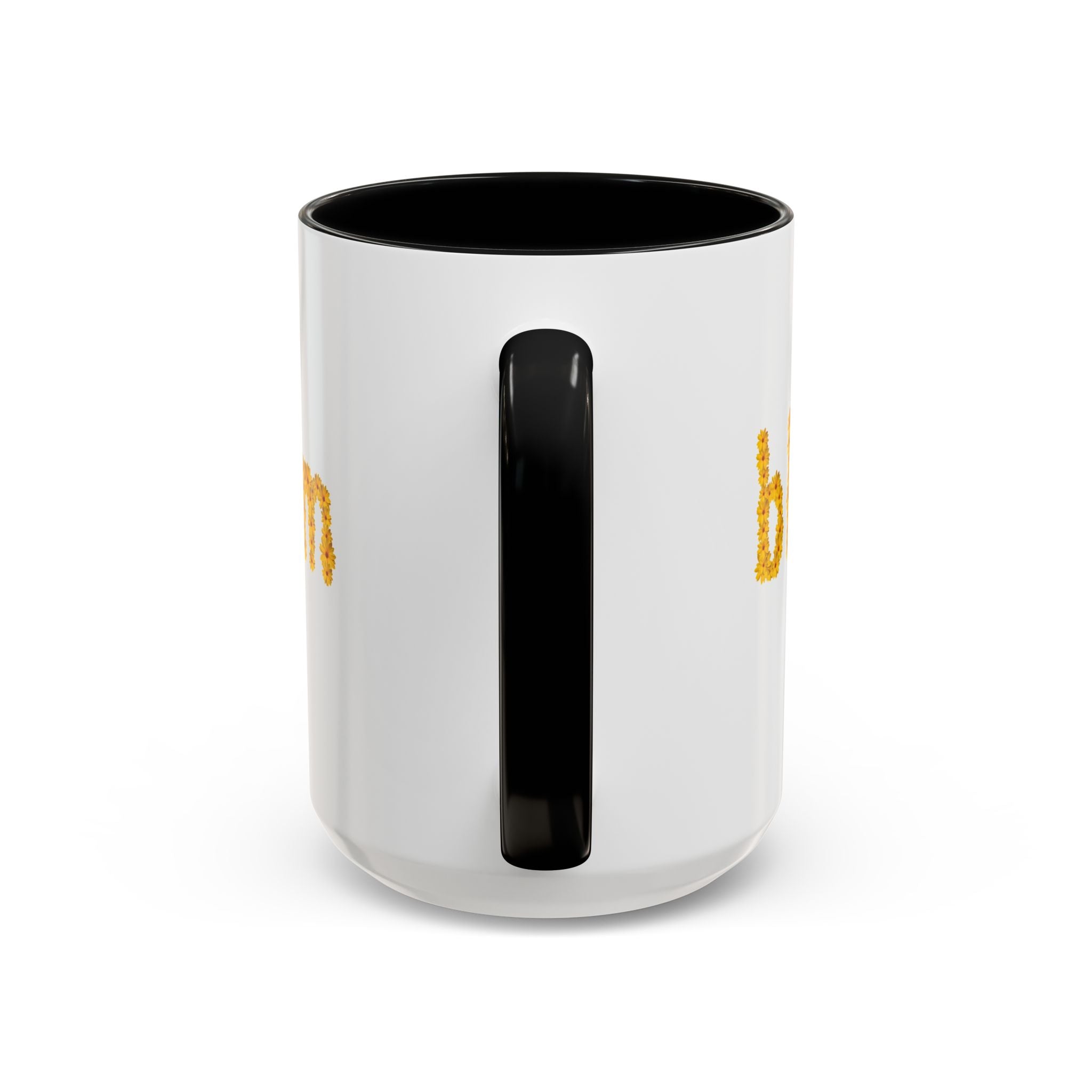 "bloom" floral text Coffee Mug | sunflower petal typography, white & black accent