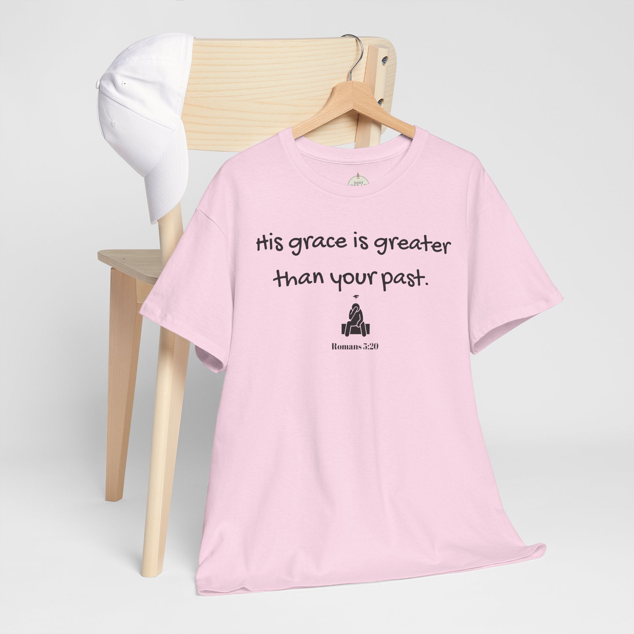 Christian T‑Shirt — "His grace is greater than your past." (Romans 5:20)