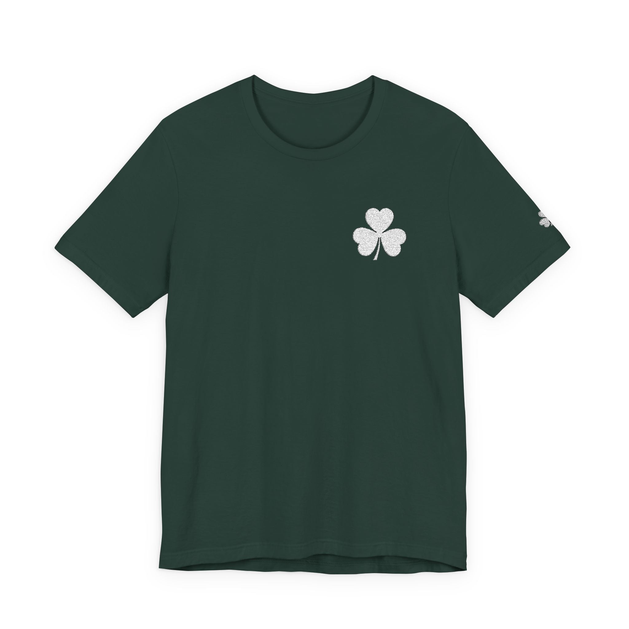 Embroidered Shamrock Pocket Tee — Distressed Lucky Clover T-Shirt