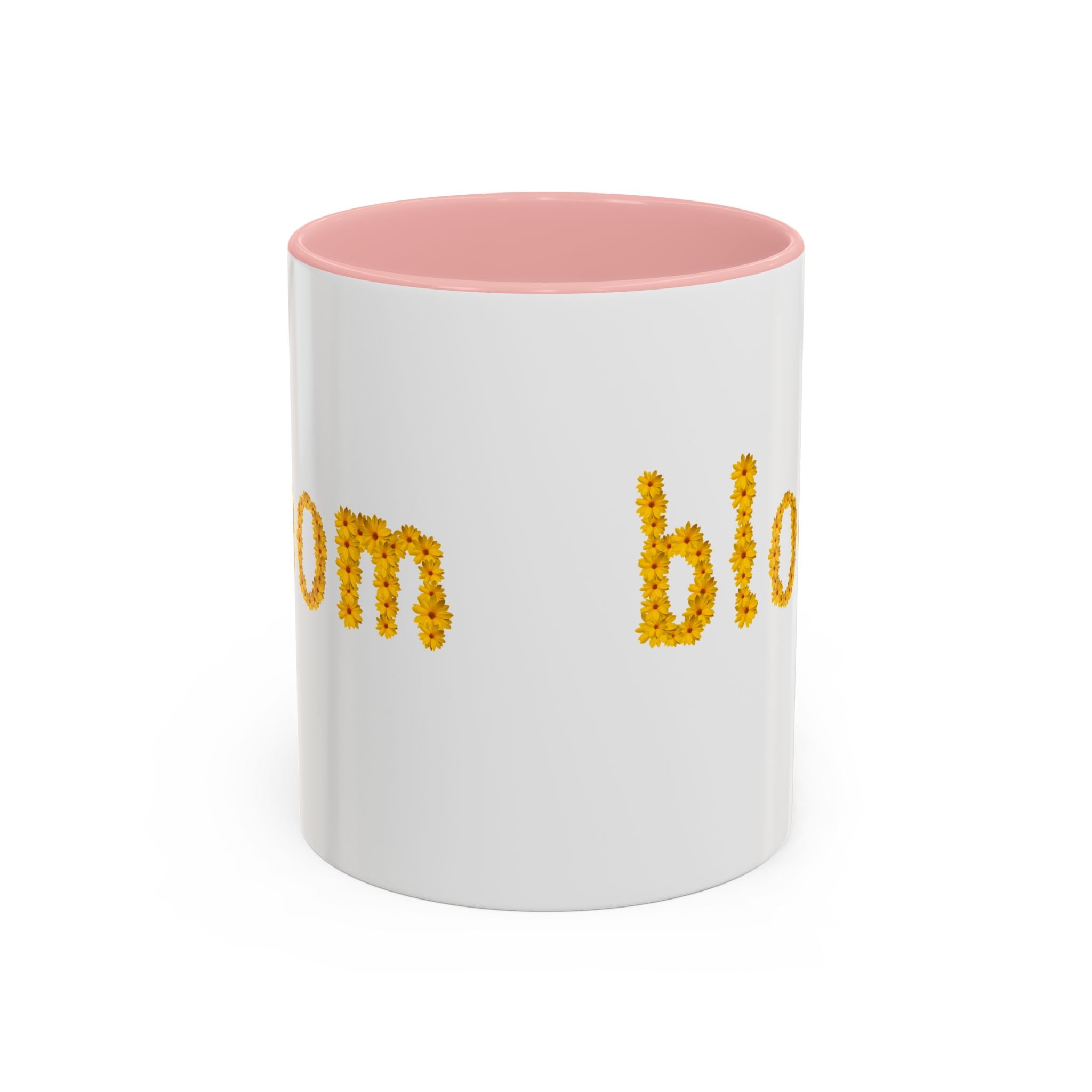 "bloom" floral text Coffee Mug | sunflower petal typography, white & black accent