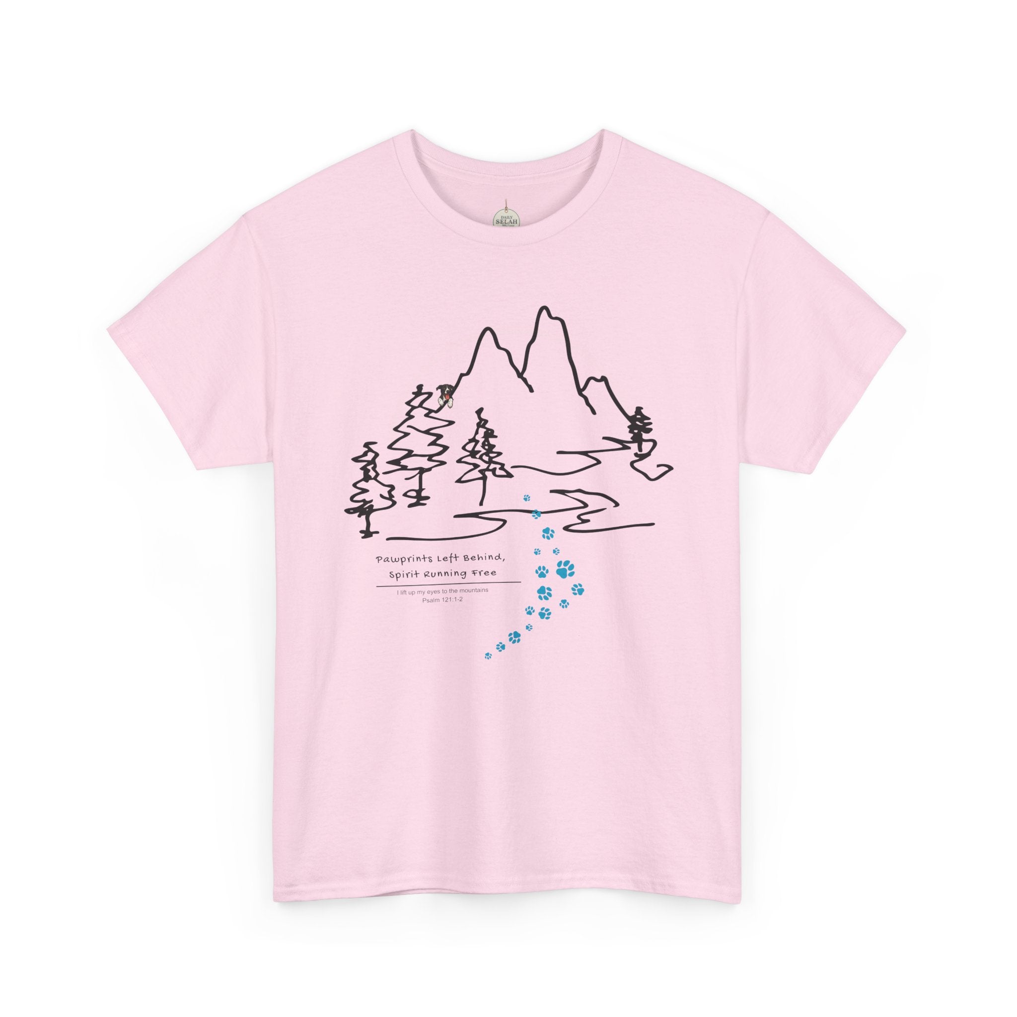 Rainbow Bridge T‑Shirt — Minimal Line Art Nature Tee with 'Follow the Dog Prints' Design Psalms 121