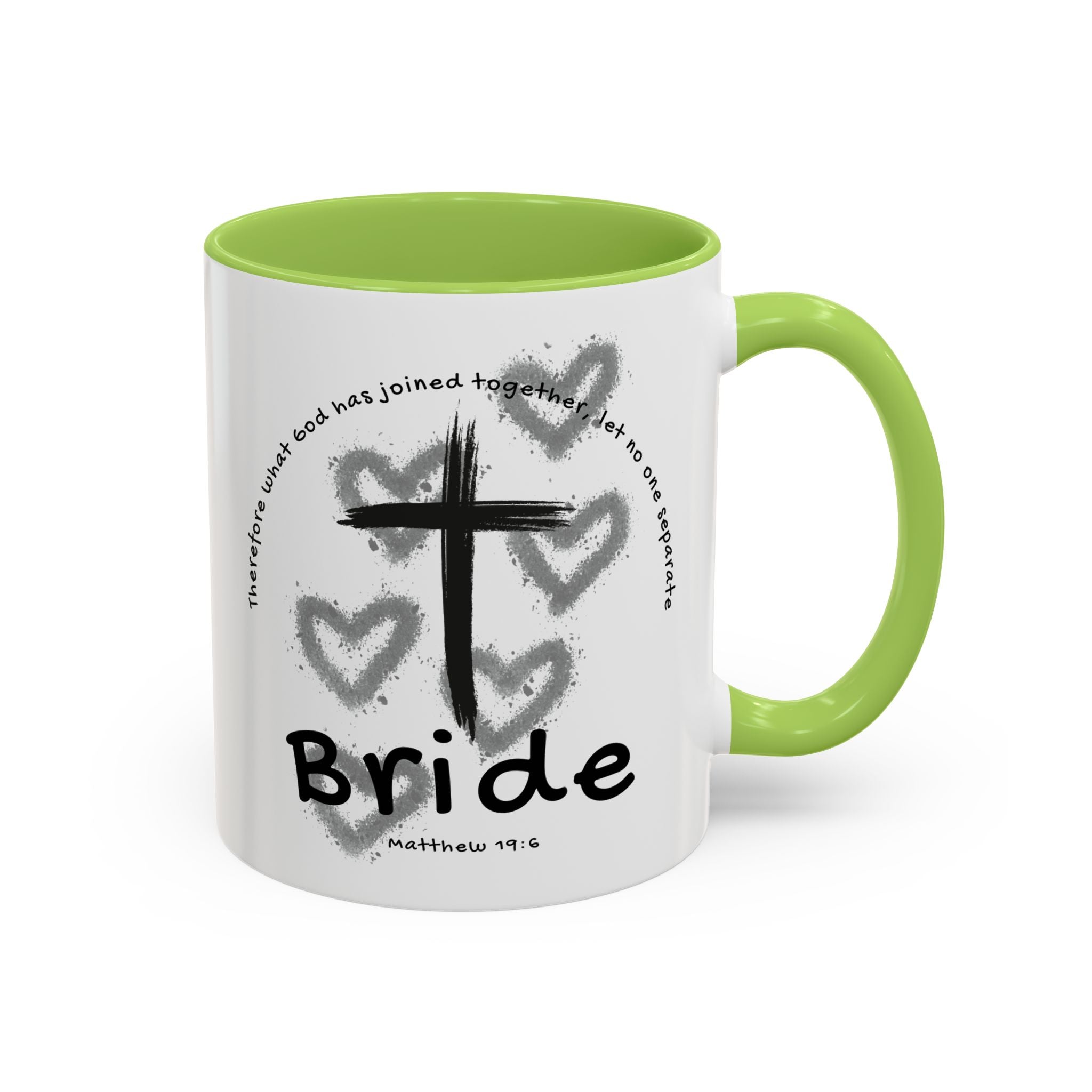 Bride Coffee Mug — Christian Cross & Hearts Accent Mug (Matthew 19:6)