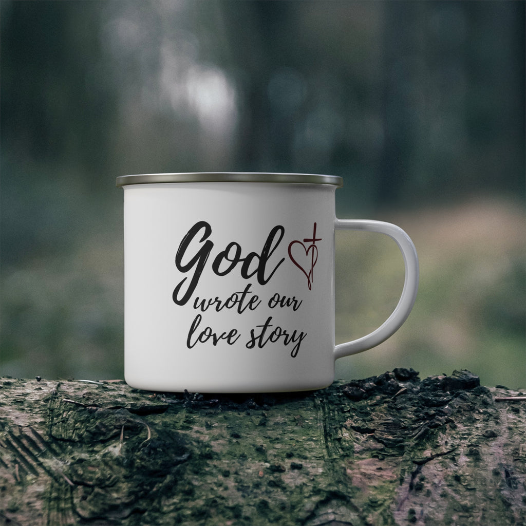 Enamel Mug — "God Wrote Our Love Story" Christian Camping Coffee Cup