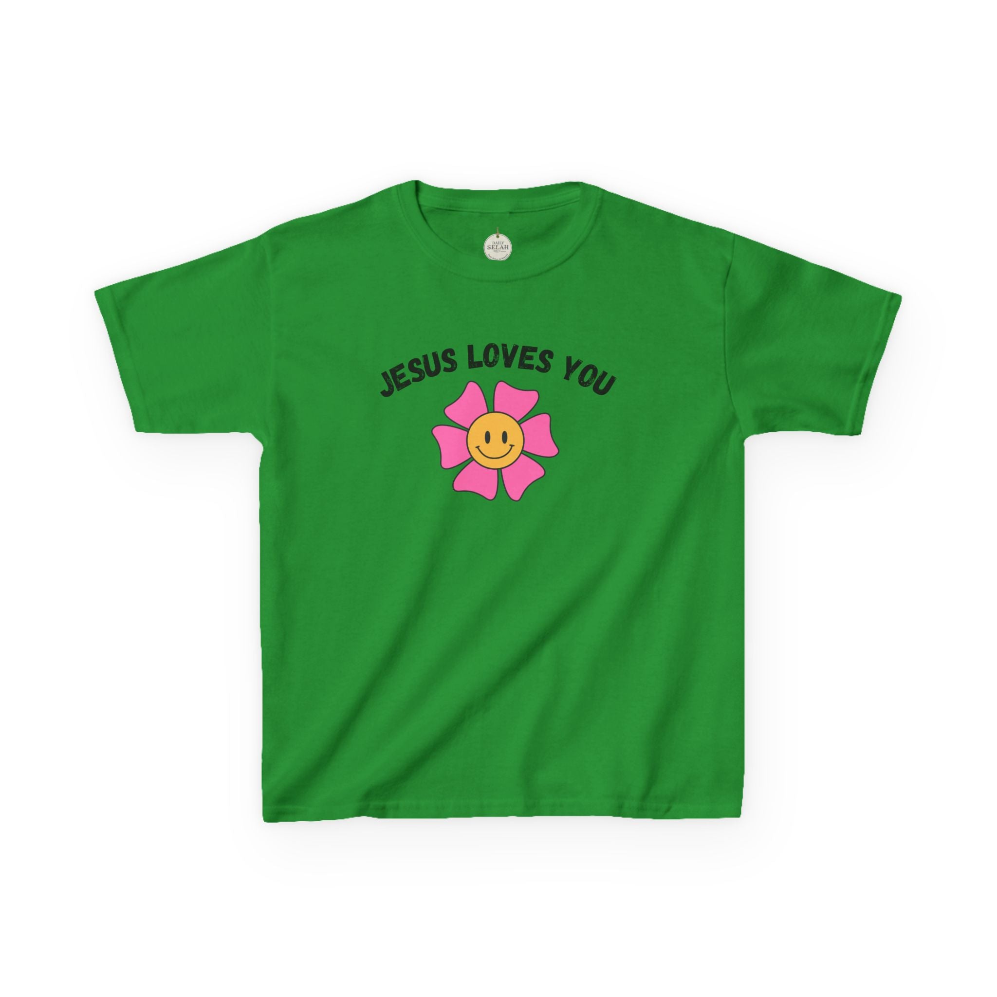Kids T-Shirt — "Jesus Loves You" Smiley Flower Christian Tee