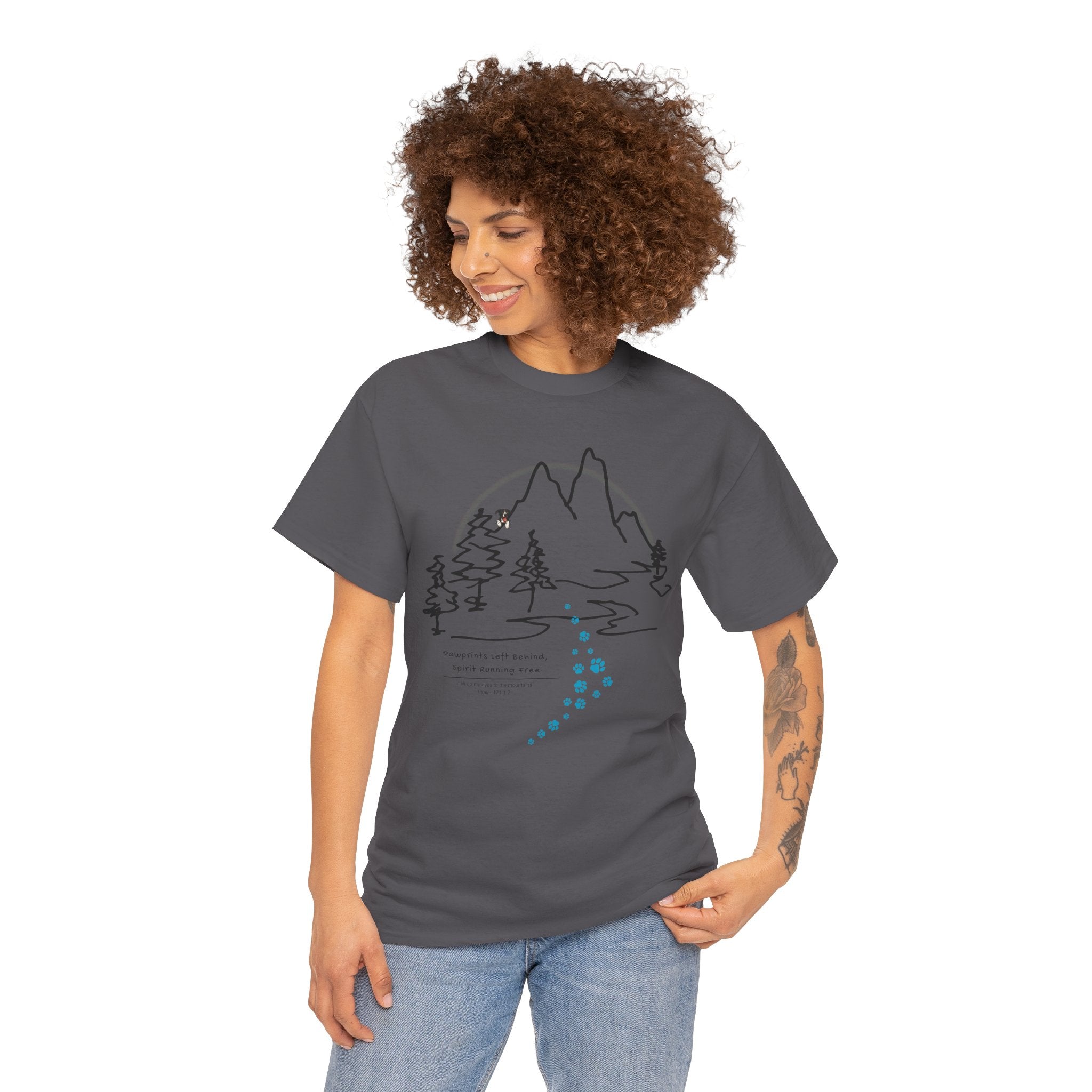 Rainbow Bridge T‑Shirt — Minimal Line Art Nature Tee with 'Follow the Dog Prints' Design Psalms 121