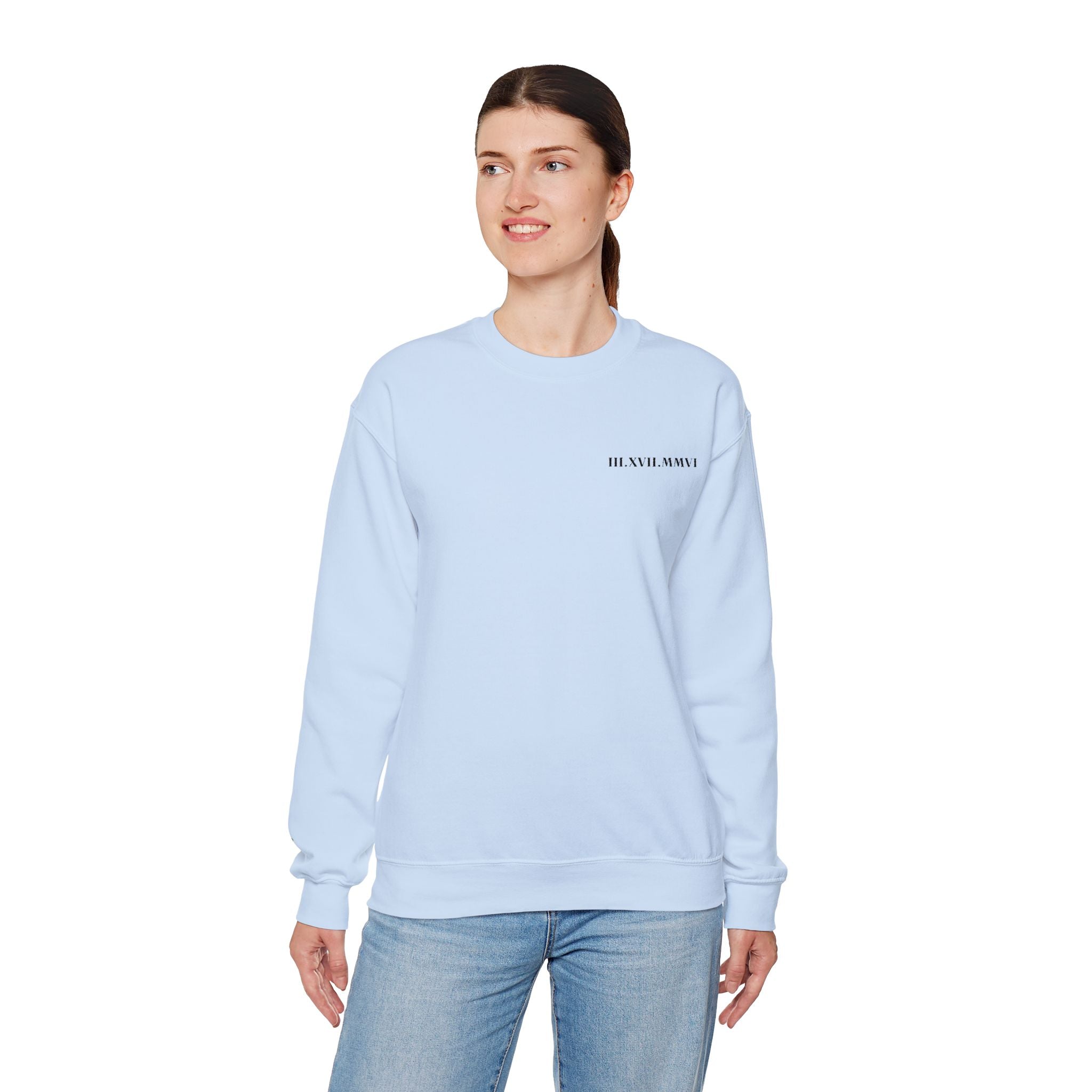Embroidered - Personalized - Couples - Crewneck Sweatshirt — Minimal 'Human Being' Chest Text with Small Sleeve Floral Accents