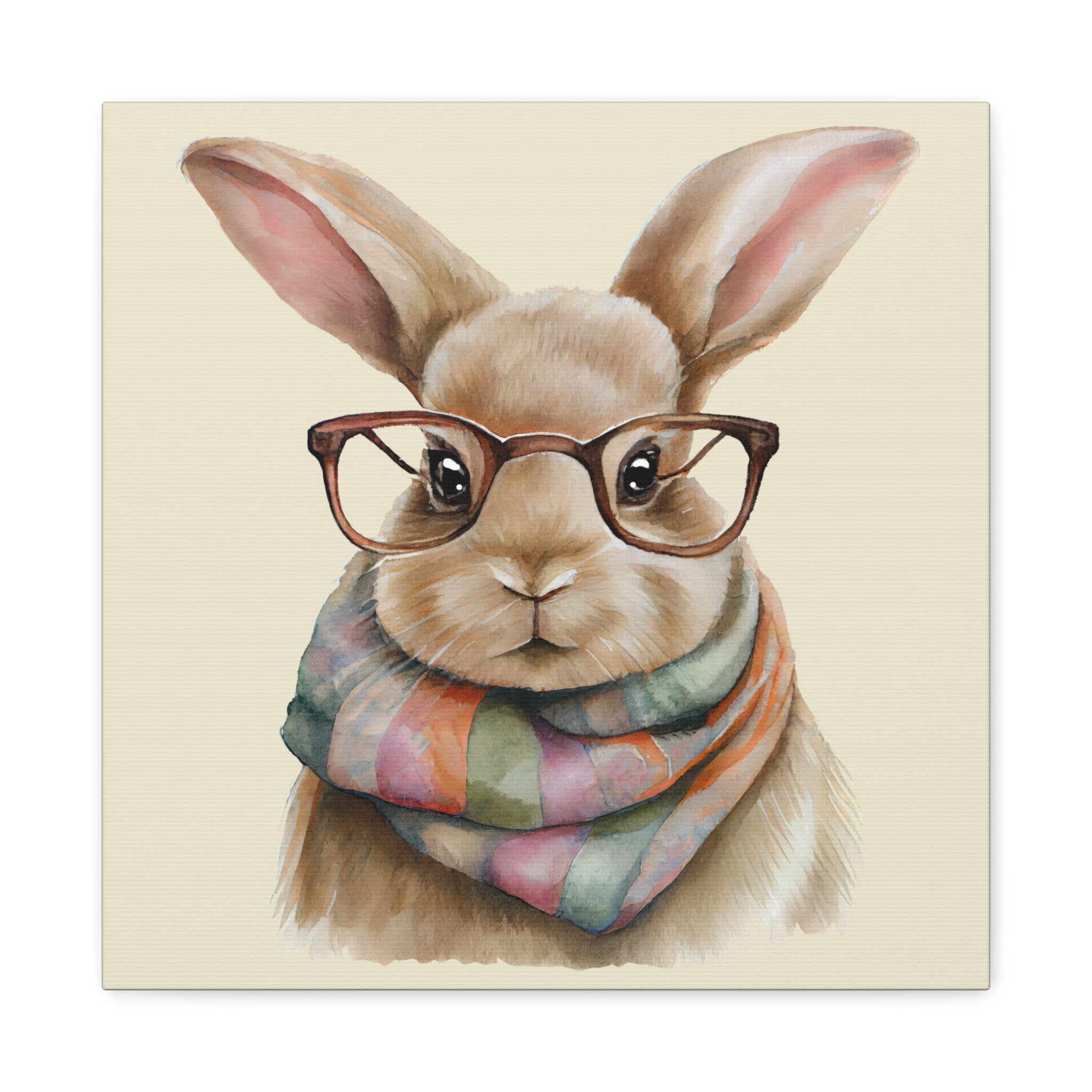 Hipster Bunny Canvas Art – Bunny with Glasses & Colorful Scarf Matte Stretched Wall Decor