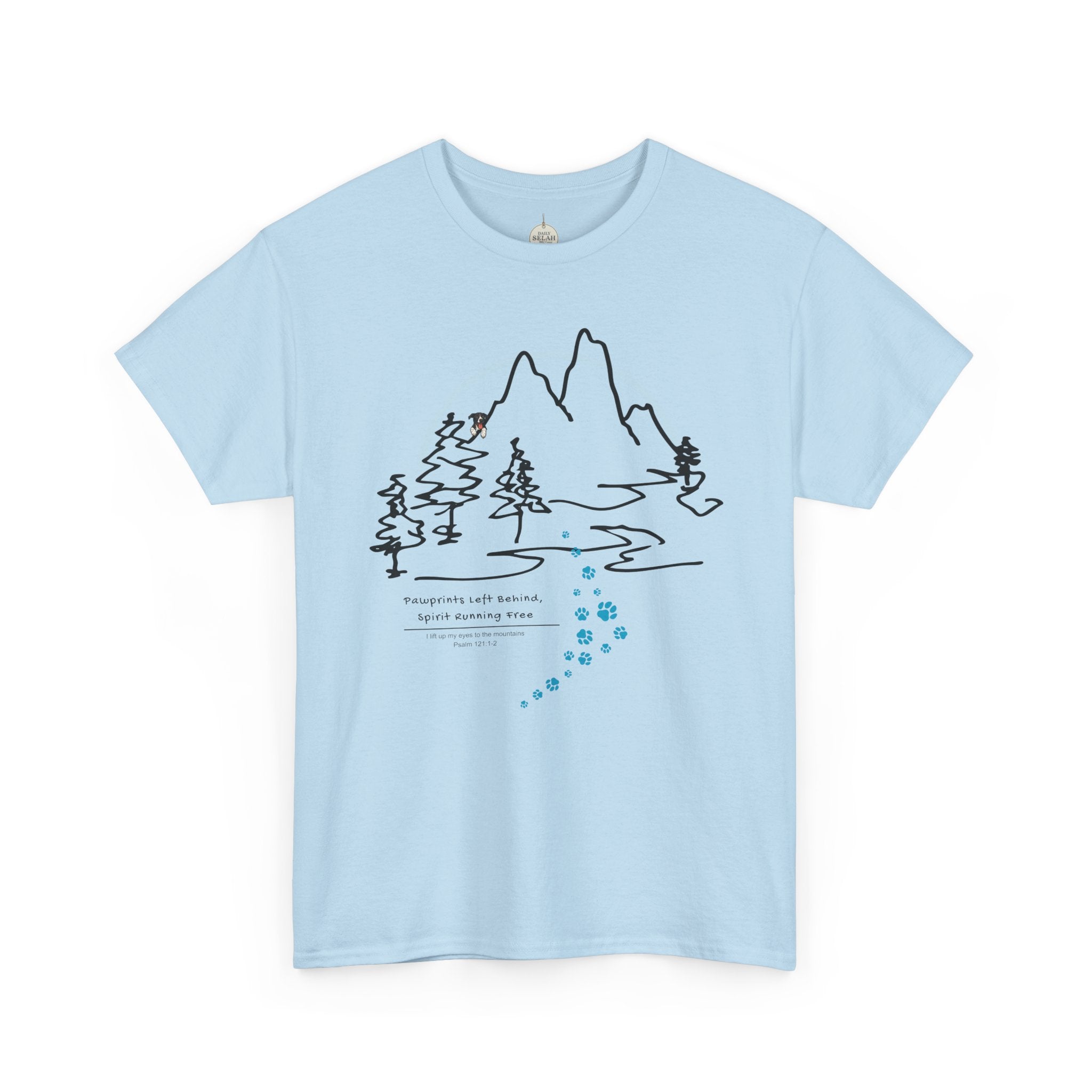 Rainbow Bridge T‑Shirt — Minimal Line Art Nature Tee with 'Follow the Dog Prints' Design Psalms 121