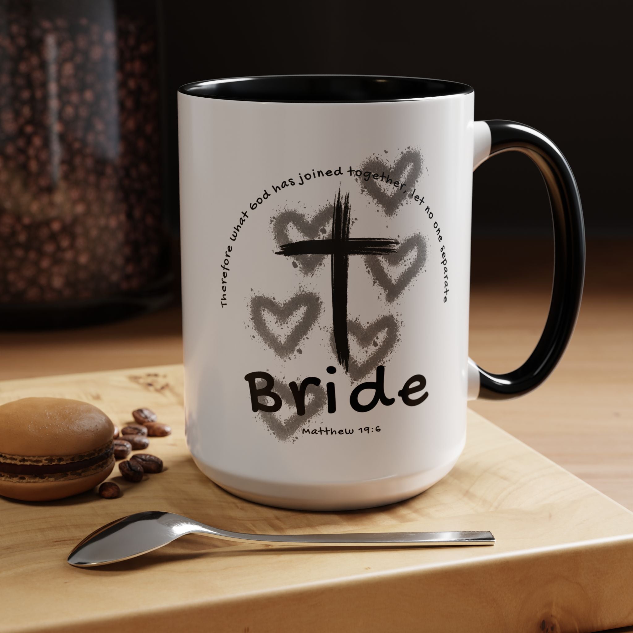 Bride Coffee Mug — Christian Cross & Hearts Accent Mug (Matthew 19:6)