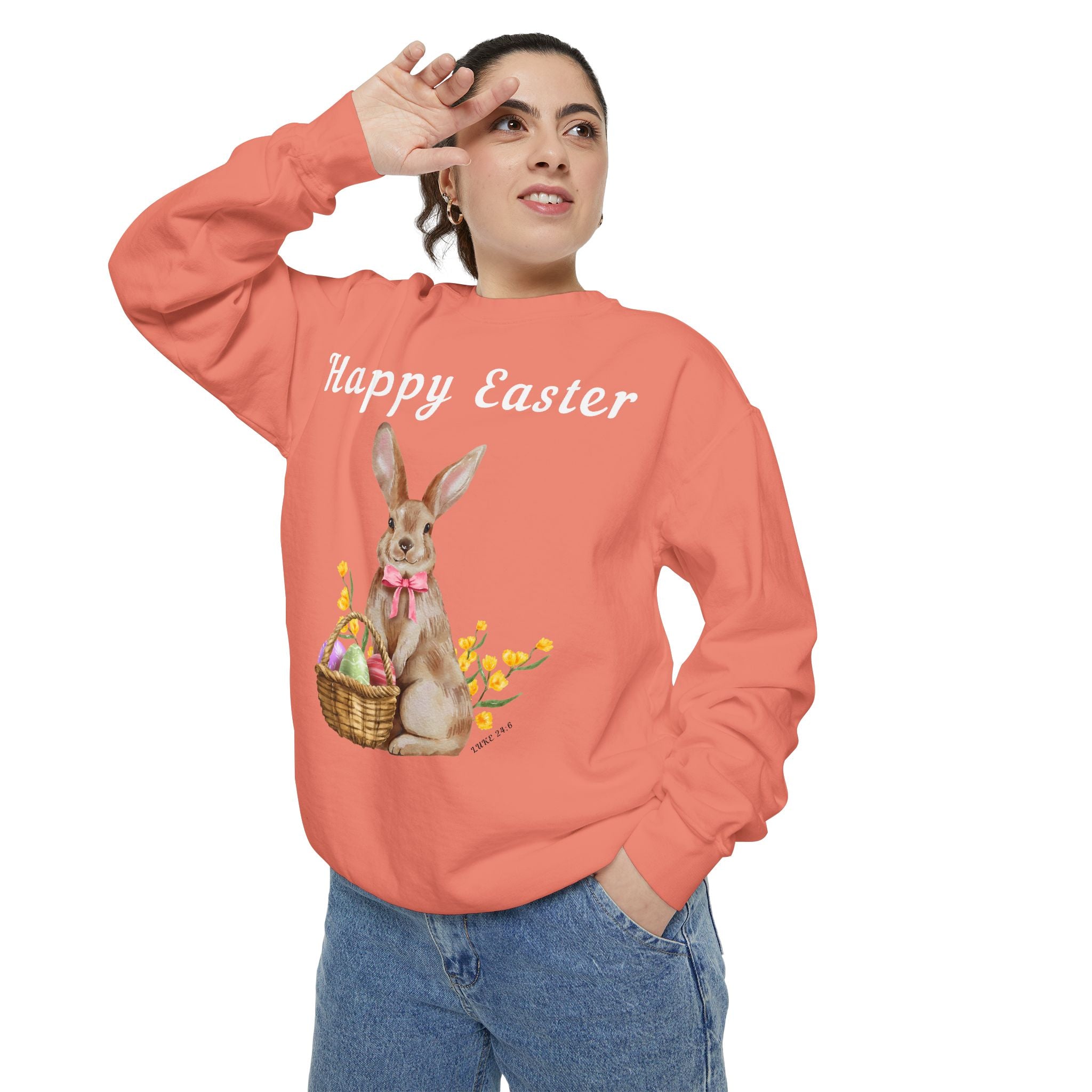 Easter Bunny Sweatshirt - Happy Easter Bunny with Basket Design (Luke 24:6)