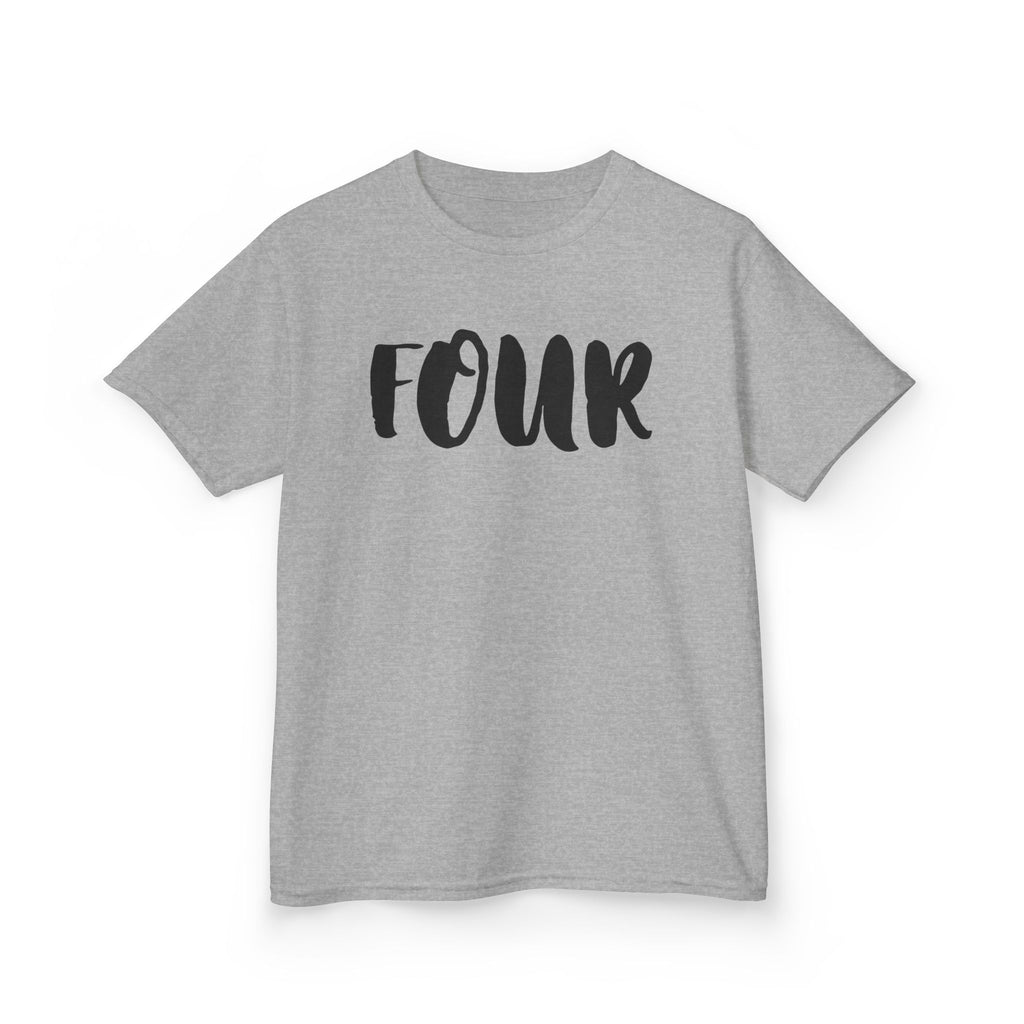 Kids 'Four' Birthday T‑Shirt — Fun Script Number Tee for 4-Year-Olds