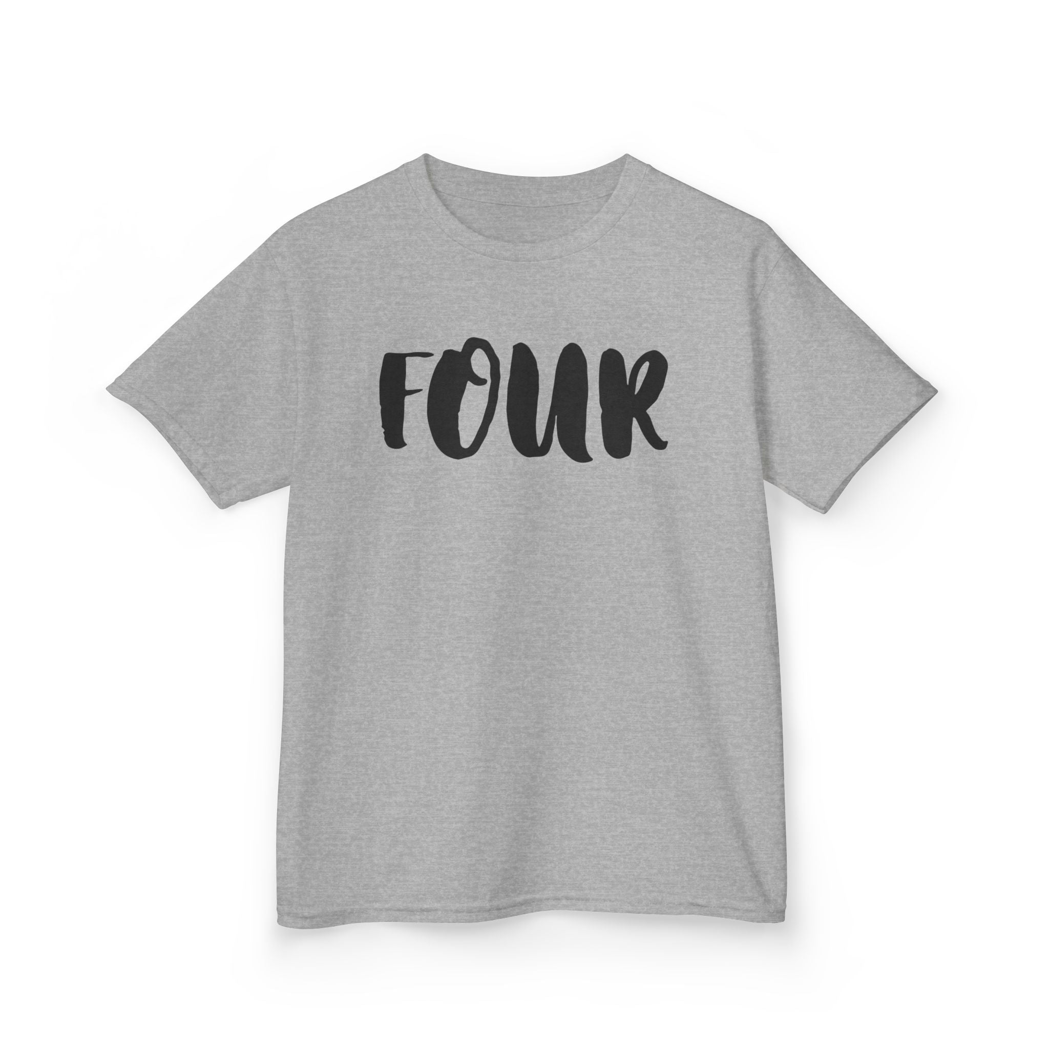 Kids 'Four' Birthday T‑Shirt — Fun Script Number Tee for 4-Year-Olds