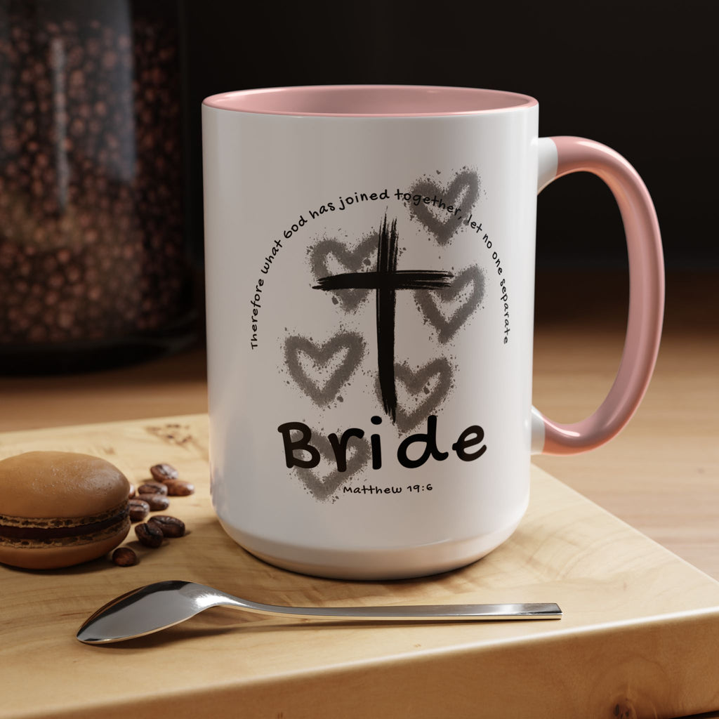 Bride Coffee Mug — Christian Cross & Hearts Accent Mug (Matthew 19:6)