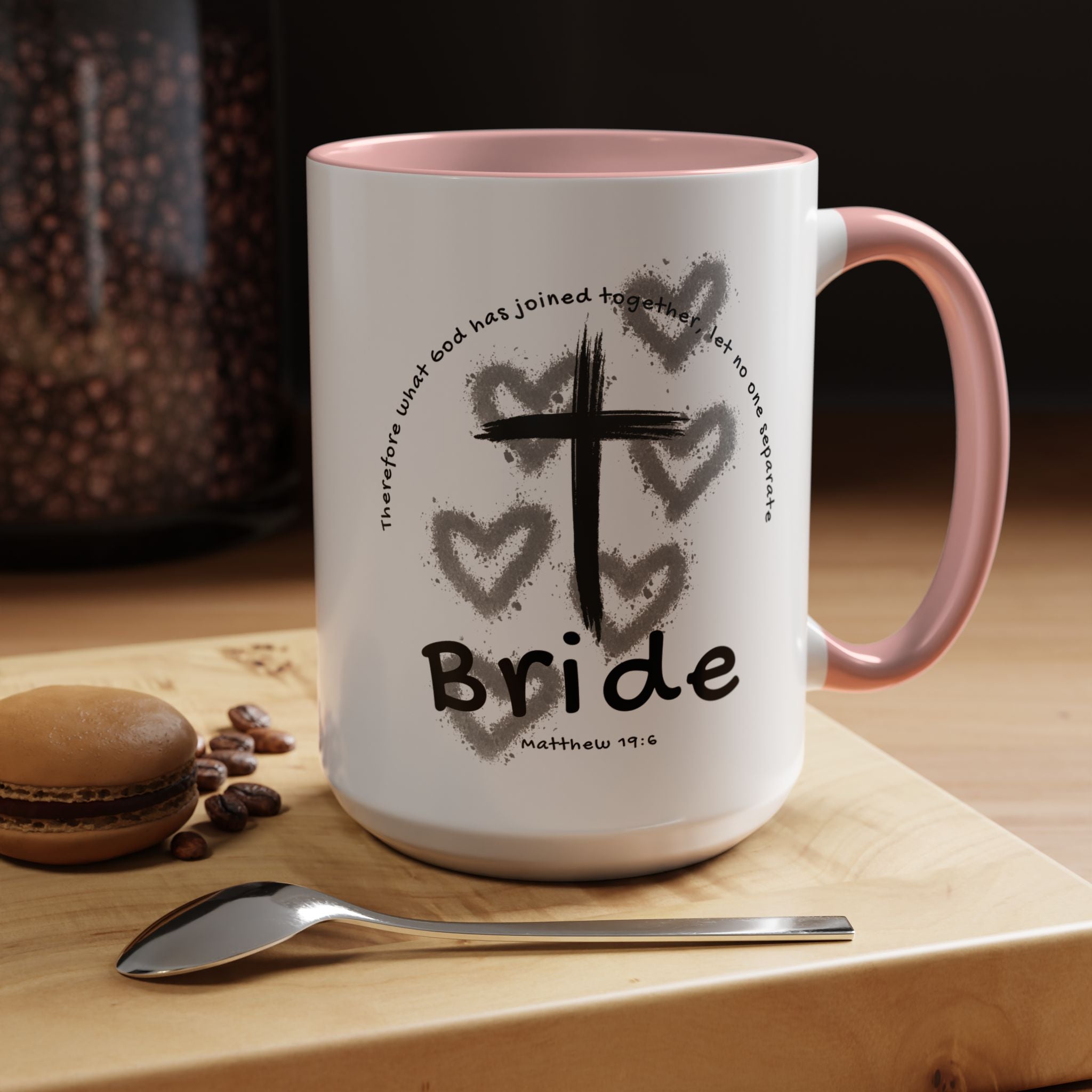 Bride Coffee Mug — Christian Cross & Hearts Accent Mug (Matthew 19:6)