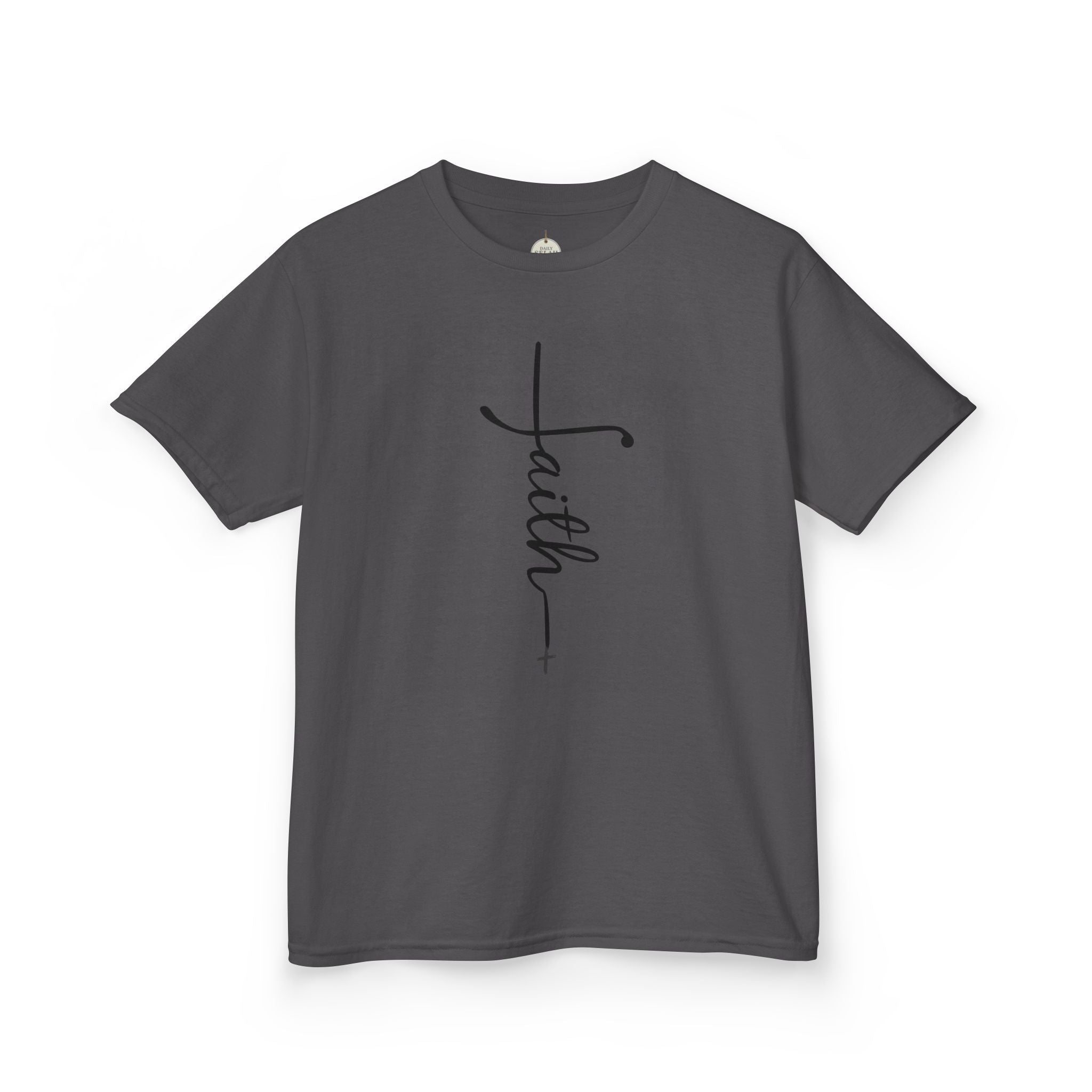 Kids Tee — Vertical "faith" Cross Script Graphic