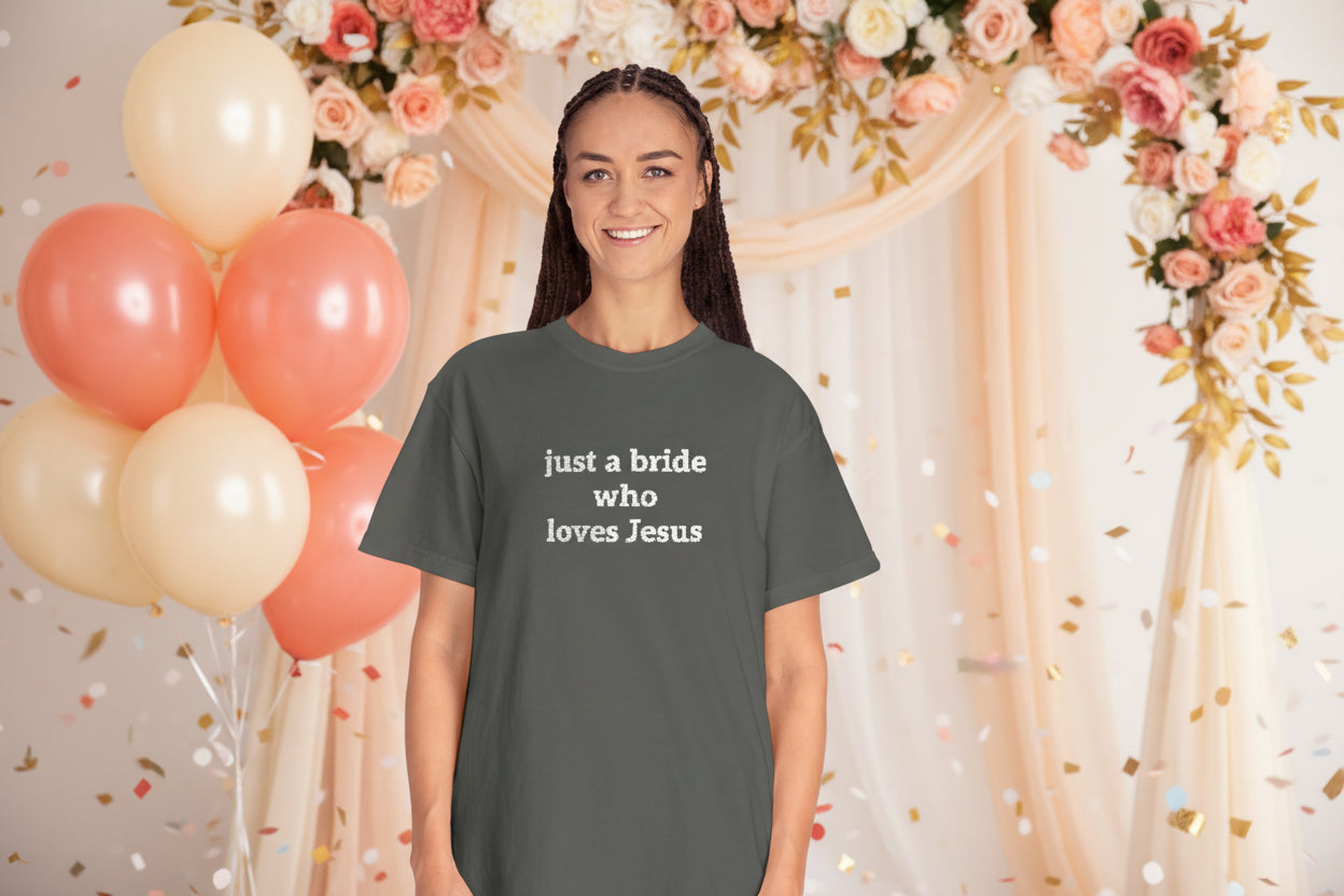 Embroidered Bride T-Shirt — 'Just a Bride Who Loves Jesus' Floral Script Christian Tee (Comfort Colors)