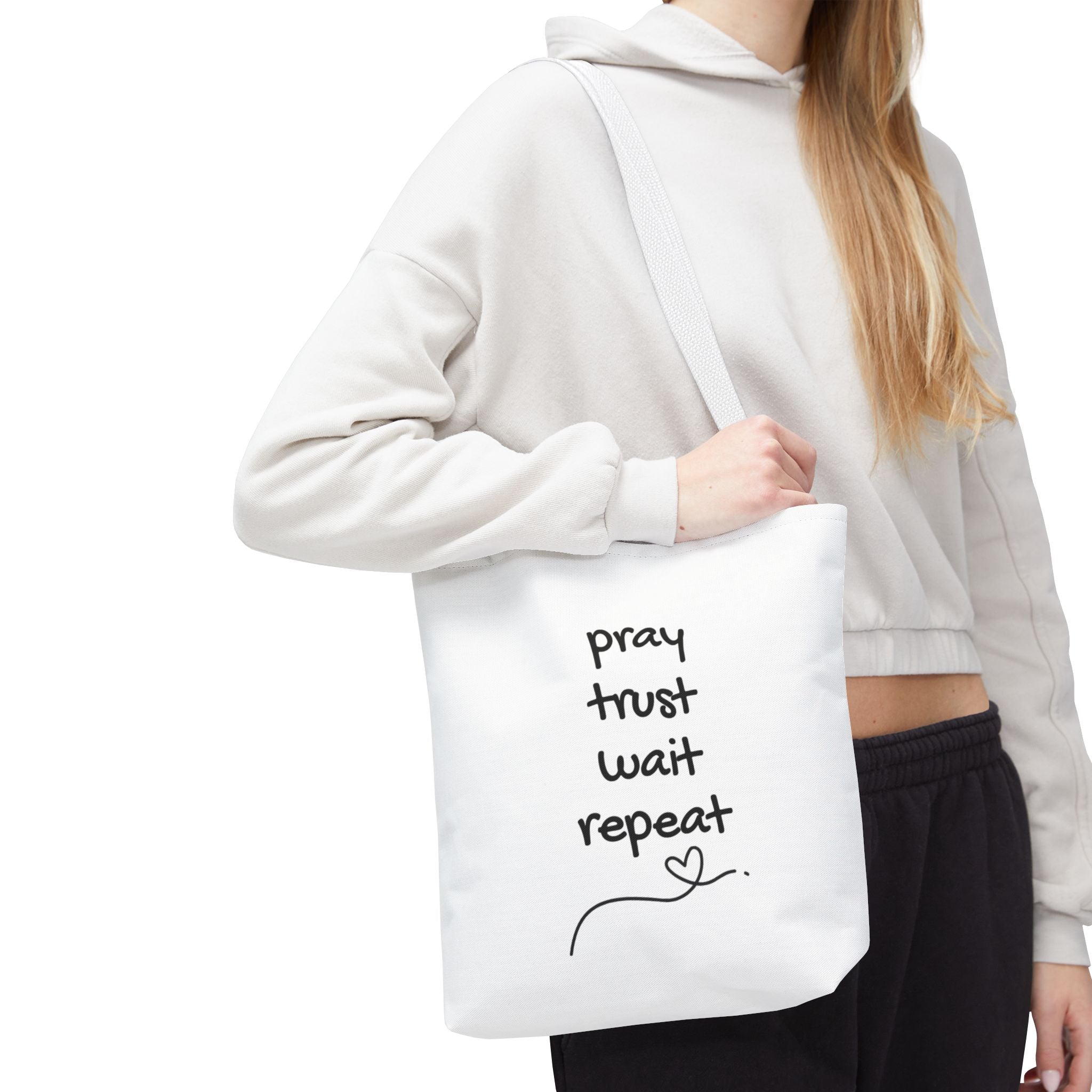 Pray Trust Wait Repeat Tote Bag — Inspirational Faith Canvas Tote