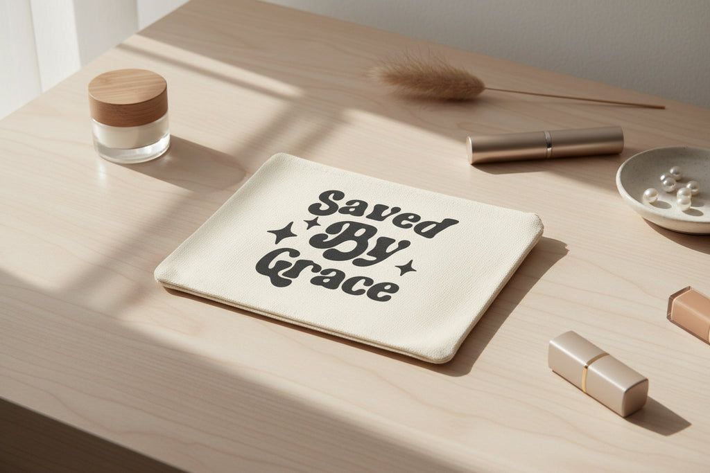 Saved By Grace Canvas Zipper Pouch — Inspirational Faith Accessory