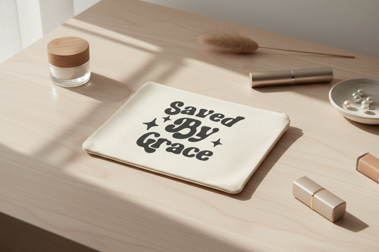 Saved By Grace Canvas Zipper Pouch — Inspirational Faith Accessory