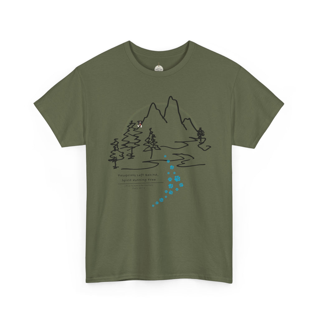 Rainbow Bridge T‑Shirt — Minimal Line Art Nature Tee with 'Follow the Dog Prints' Design Psalms 121