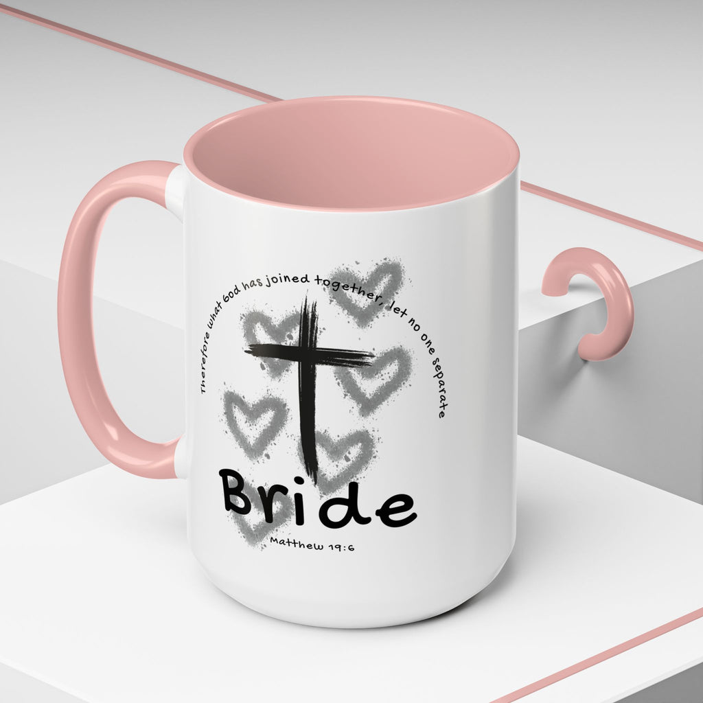 Bride Coffee Mug — Christian Cross & Hearts Accent Mug (Matthew 19:6)