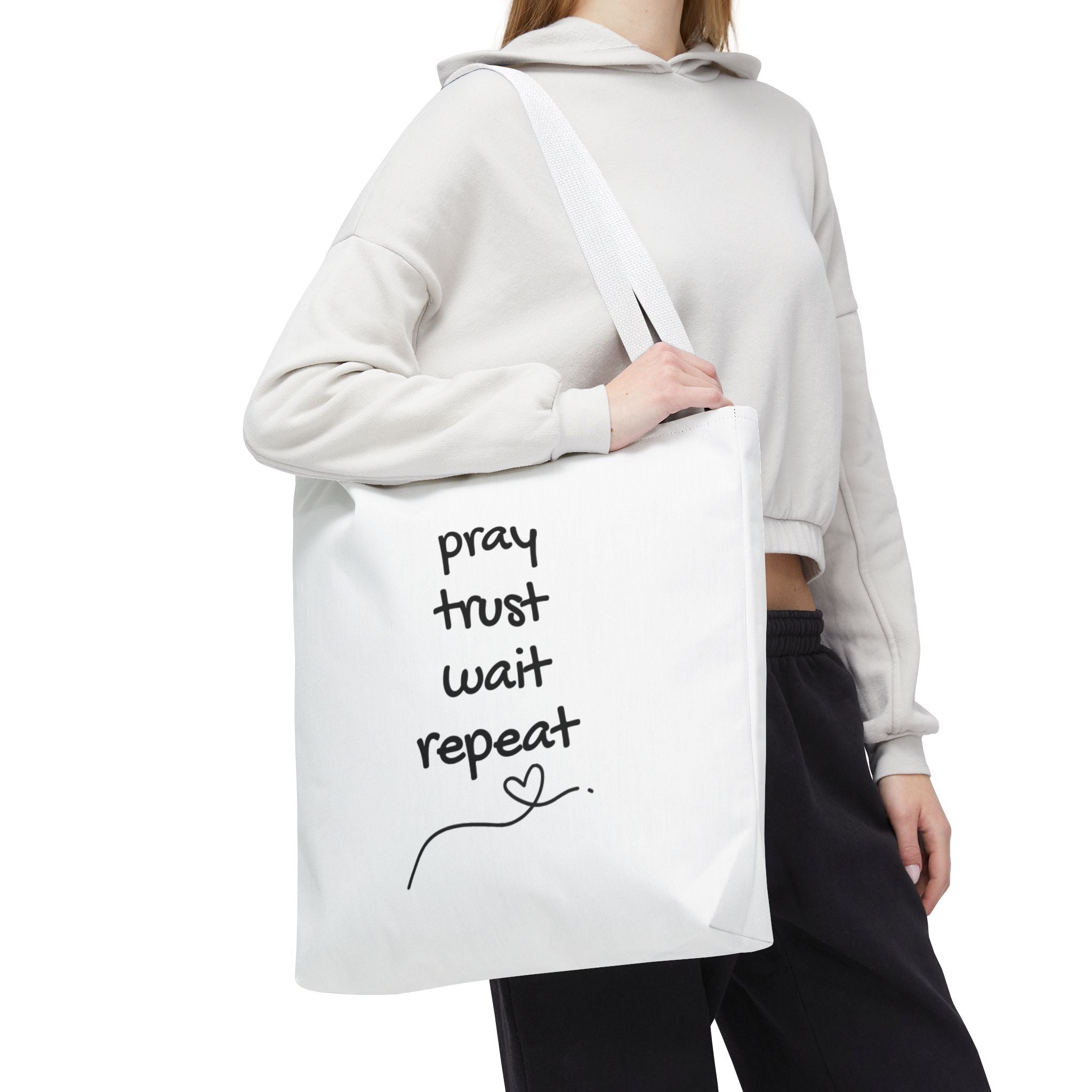 Pray Trust Wait Repeat Tote Bag — Inspirational Faith Canvas Tote