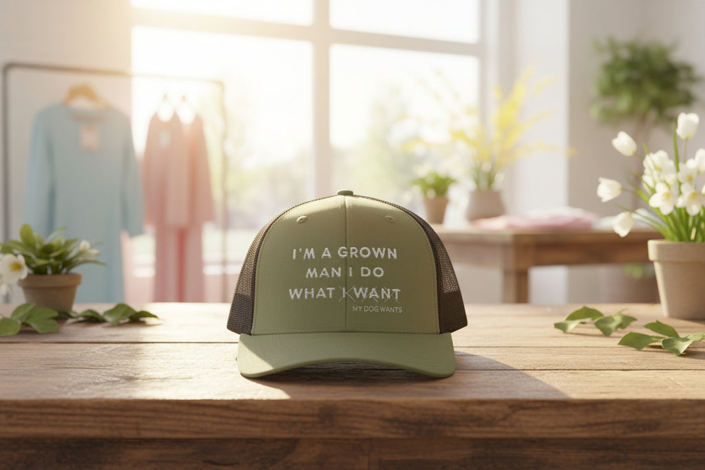 Snapback Trucker Cap - "I'm a Grown Man I Do What I Want Dog Wants" Embroidered Mesh Hat