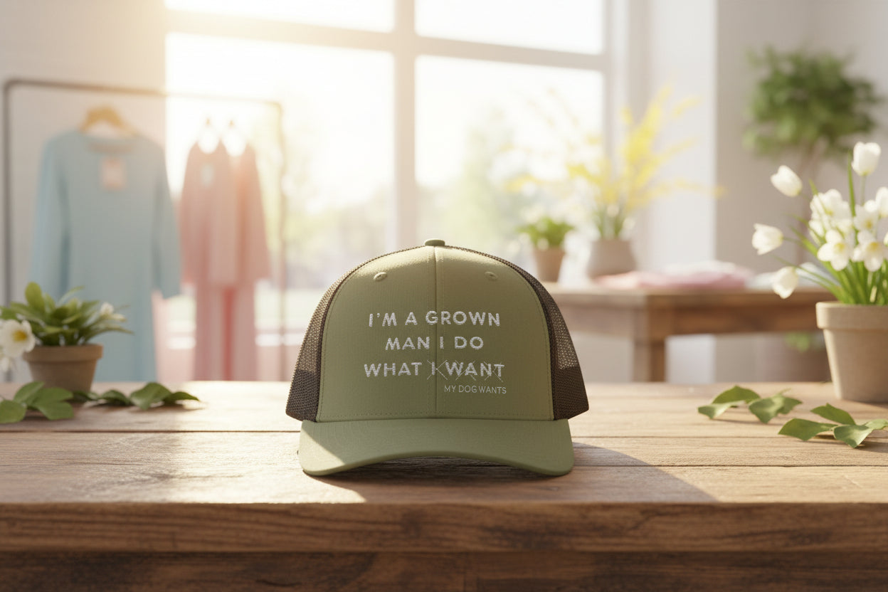 Snapback Trucker Cap - "I'm a Grown Man I Do What I Want Dog Wants" Embroidered Mesh Hat
