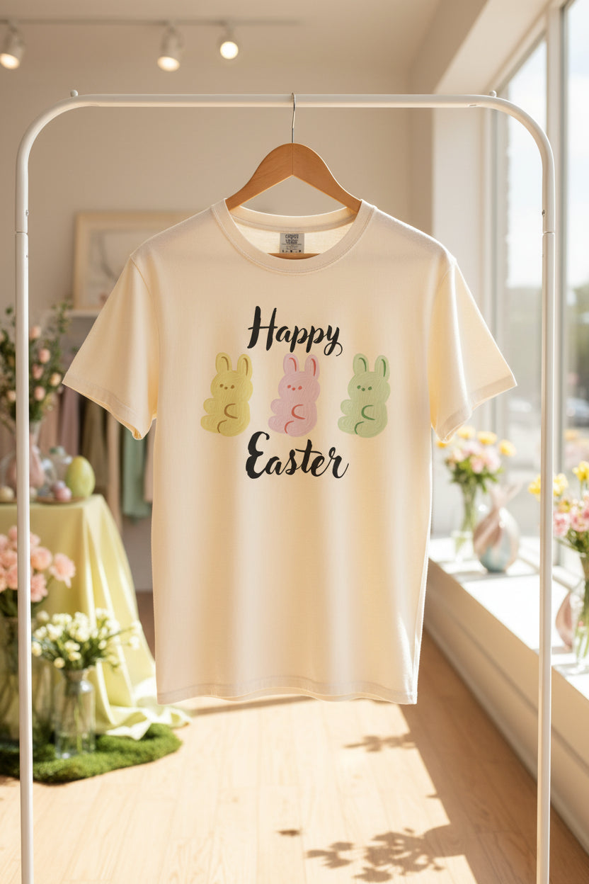 Happy Easter T-Shirt — 3 Pastel Bunny Peeps Spring Holiday Tee