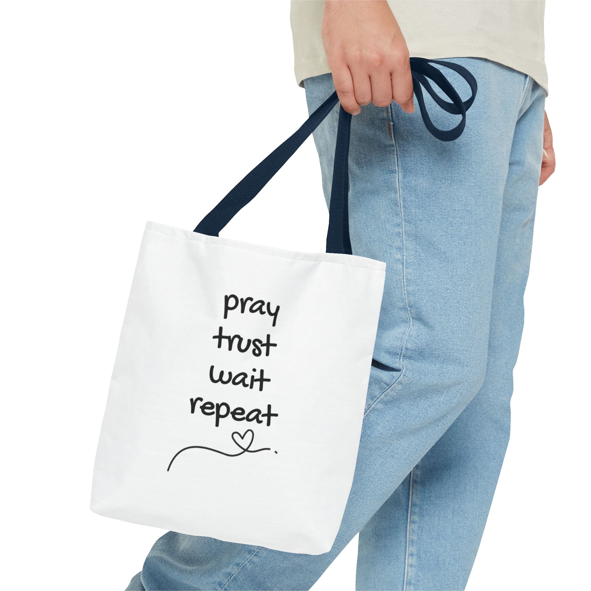 Pray Trust Wait Repeat Tote Bag — Inspirational Faith Canvas Tote