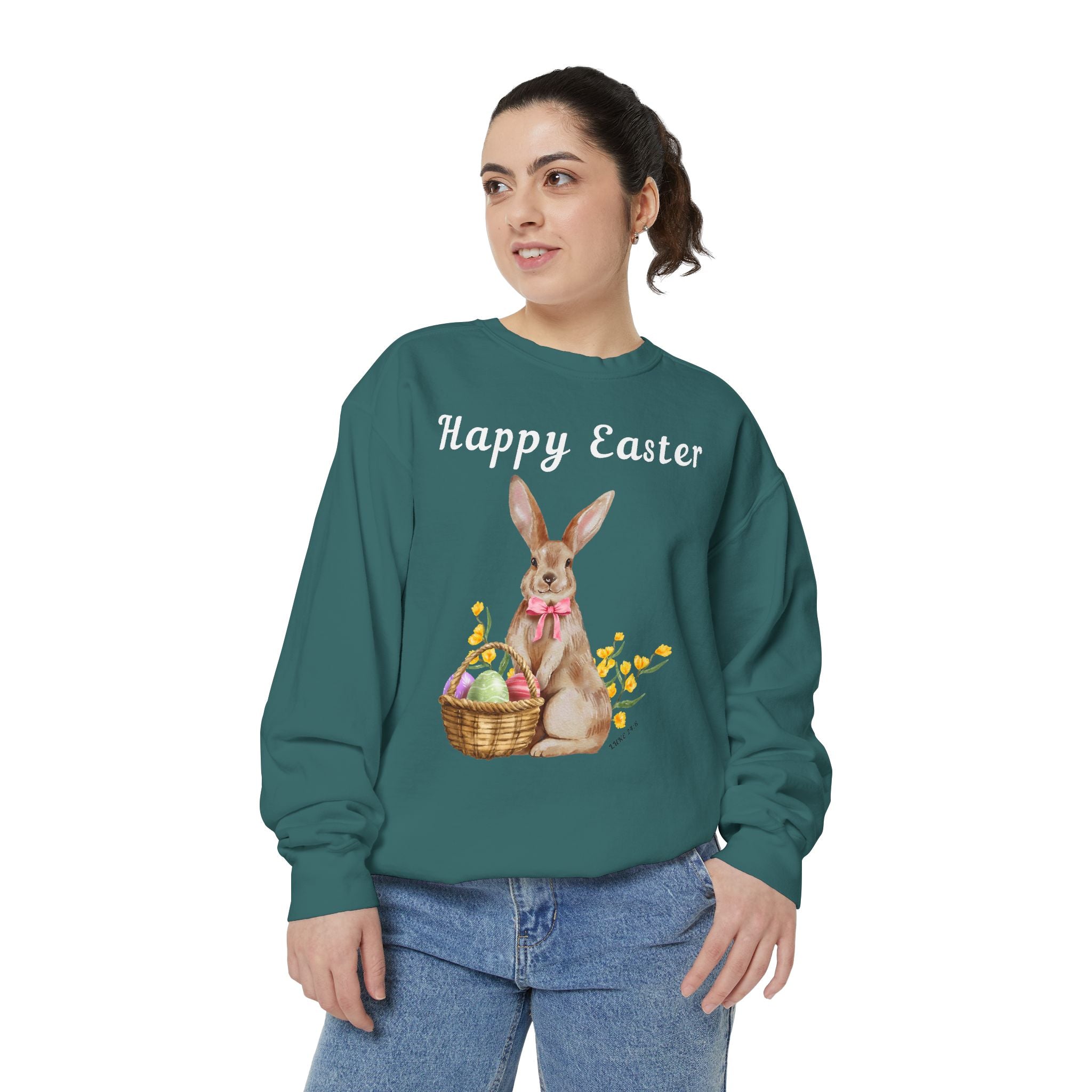 Easter Bunny Sweatshirt - Happy Easter Bunny with Basket Design (Luke 24:6)