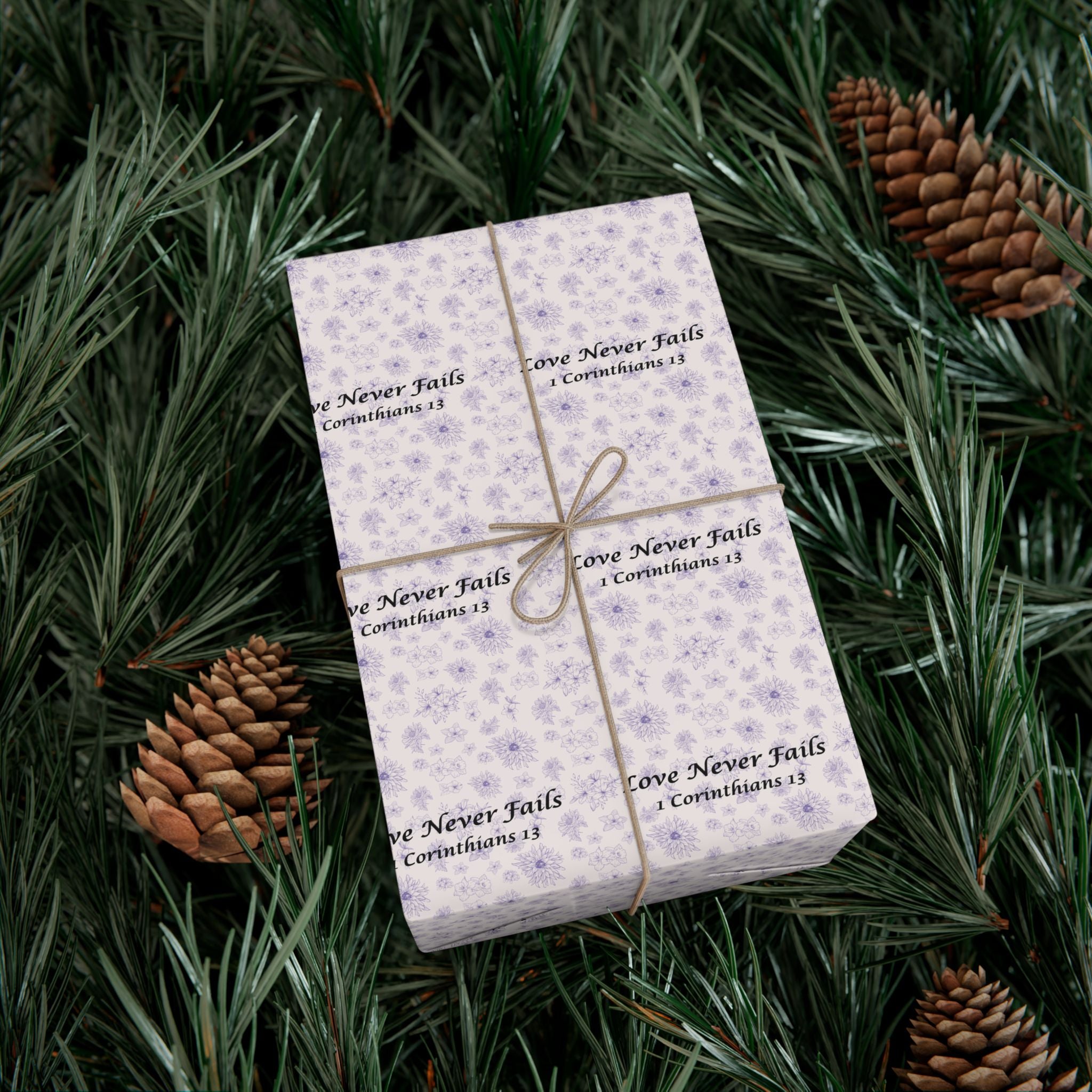 Floral "Love Never Fails" Gift Wrap Paper — Lavender Christian Wrapping Sheets