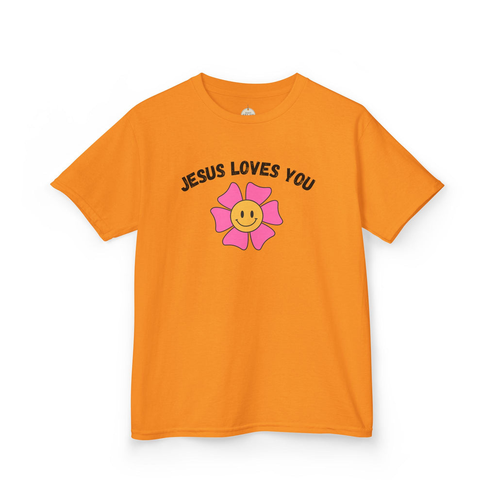 Kids T-Shirt — "Jesus Loves You" Smiley Flower Christian Tee