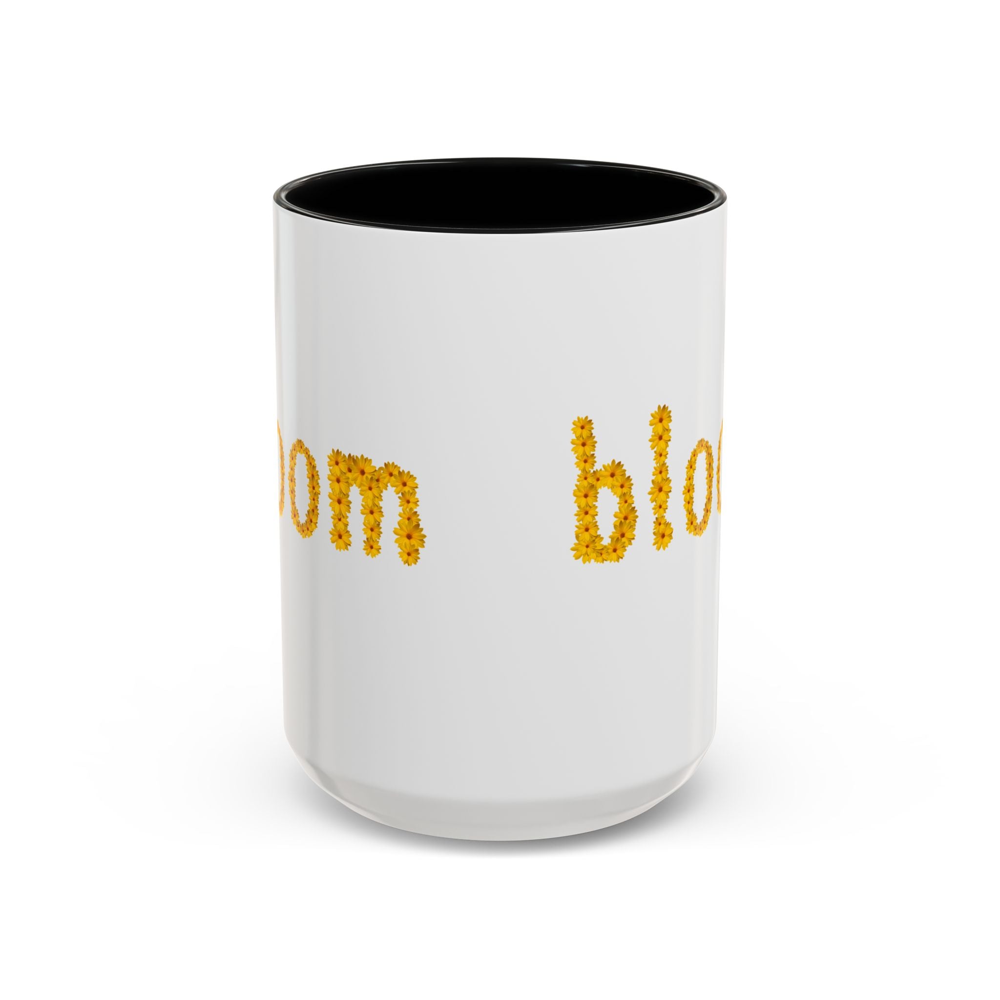 "bloom" floral text Coffee Mug | sunflower petal typography, white & black accent
