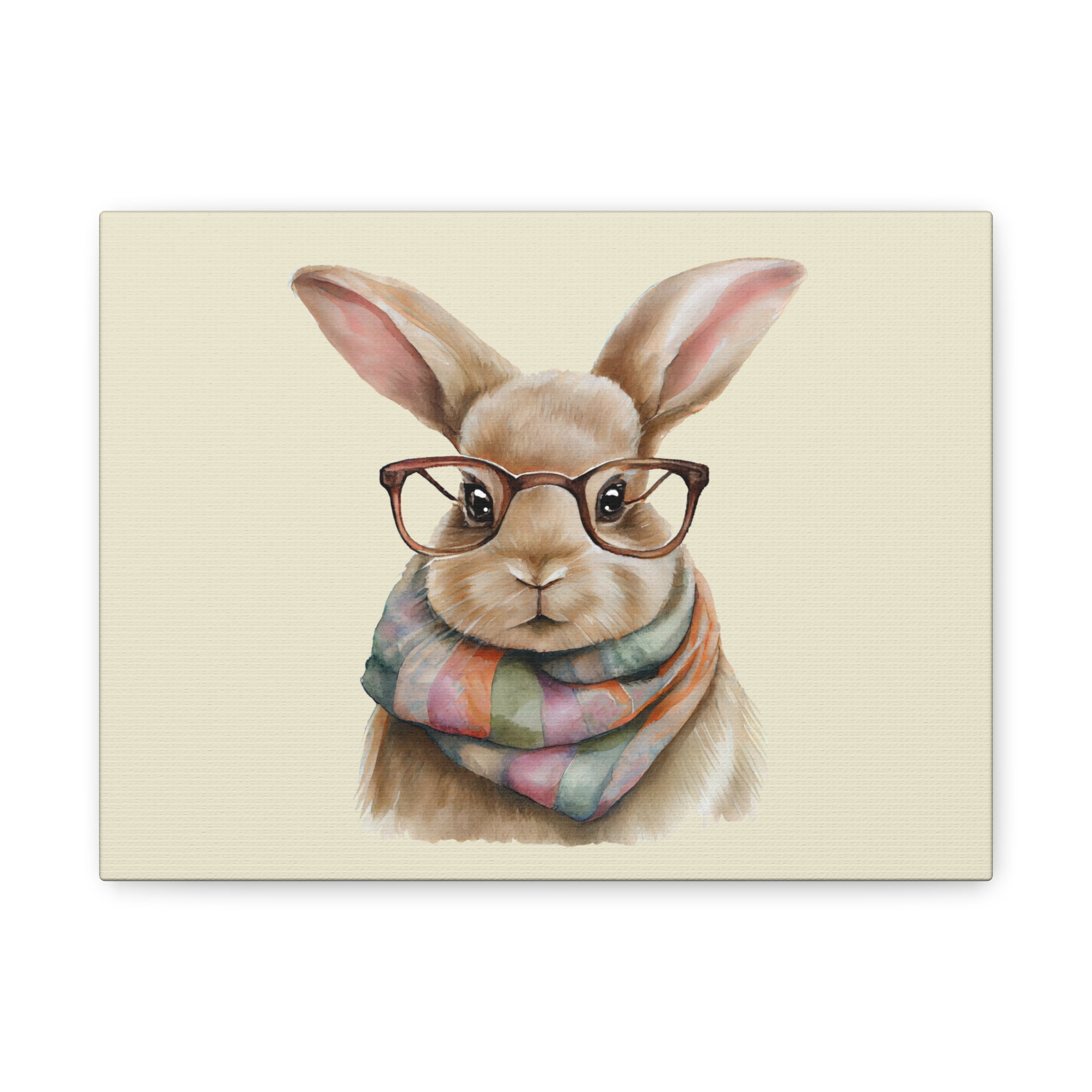 Hipster Bunny Canvas Art – Bunny with Glasses & Colorful Scarf Matte Stretched Wall Decor