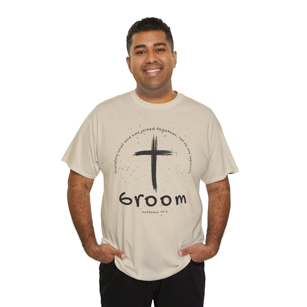 Groom Cross Tee — Christian Wedding Groom T-Shirt (Scripture Verse Design) - Christian - Matthew 19:6