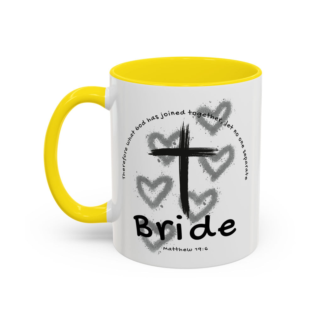 Bride Coffee Mug — Christian Cross & Hearts Accent Mug (Matthew 19:6)