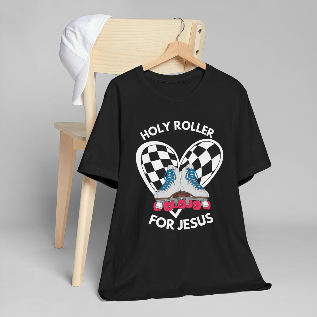 Holy Roller For Jesus T-Shirt — Retro Roller Skates & Checker Heart Christian Tee