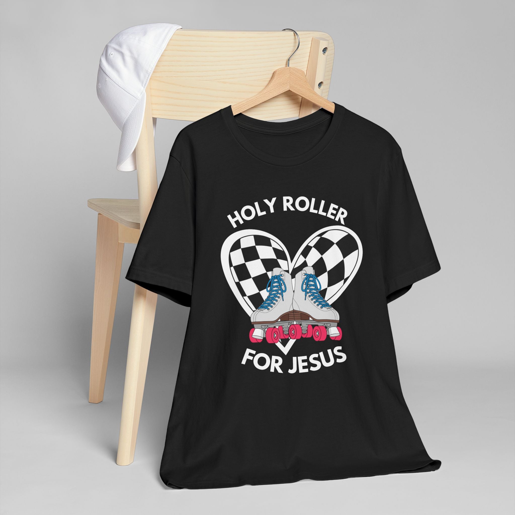 Holy Roller For Jesus T-Shirt — Retro Roller Skates & Checker Heart Christian Tee