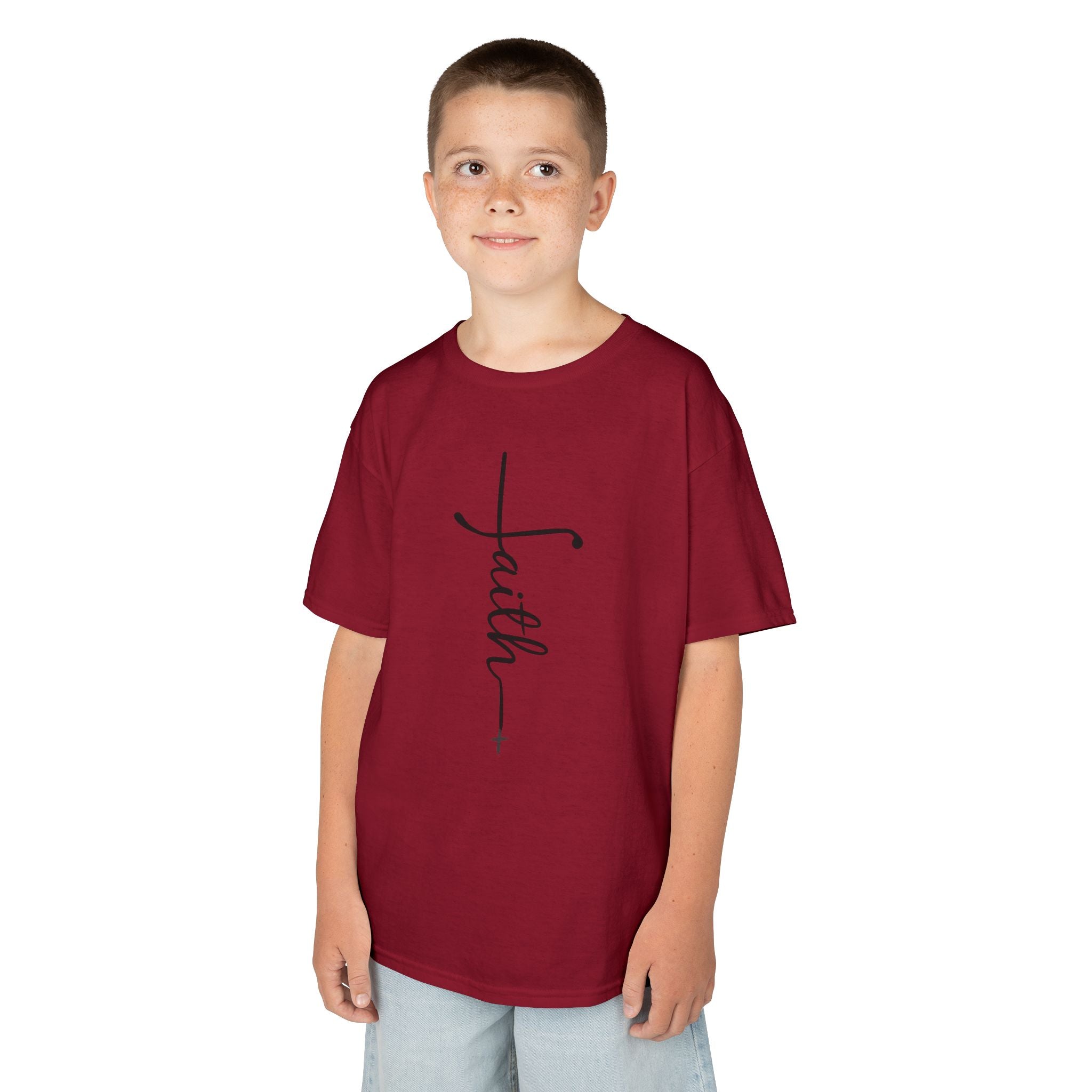 Kids Tee — Vertical "faith" Cross Script Graphic