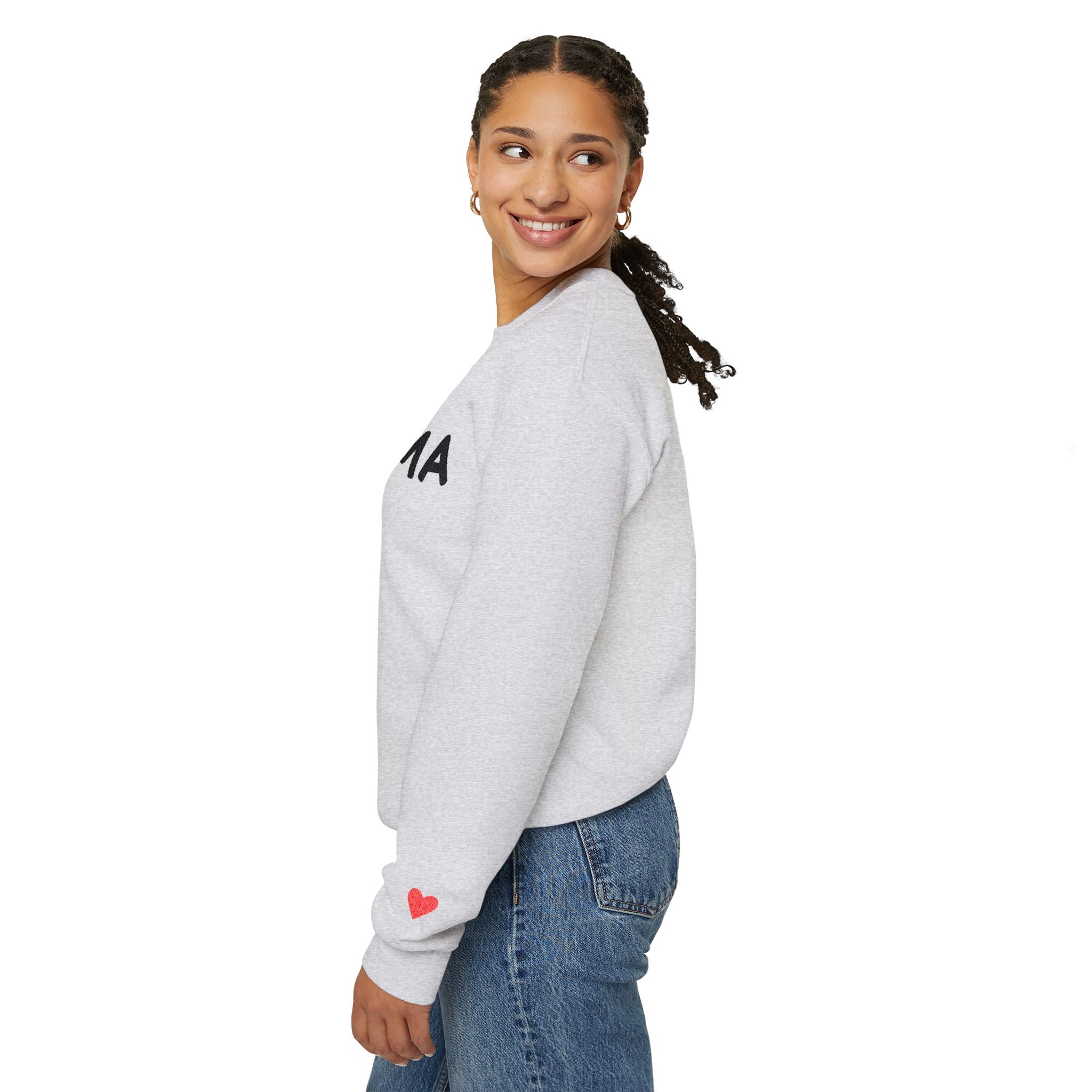 Embroidered - Personalized - Mama Crewneck Sweatshirt — Cozy Mother's Day Pullover with Heart Sleeve Detail