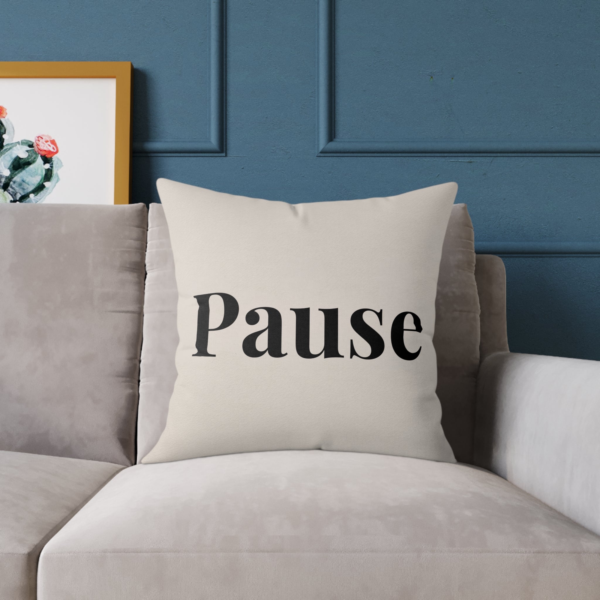 Pause Square Pillow – Minimalist Faith Inspired Neutral Canvas Throw Pillow with 'Pause' Typography