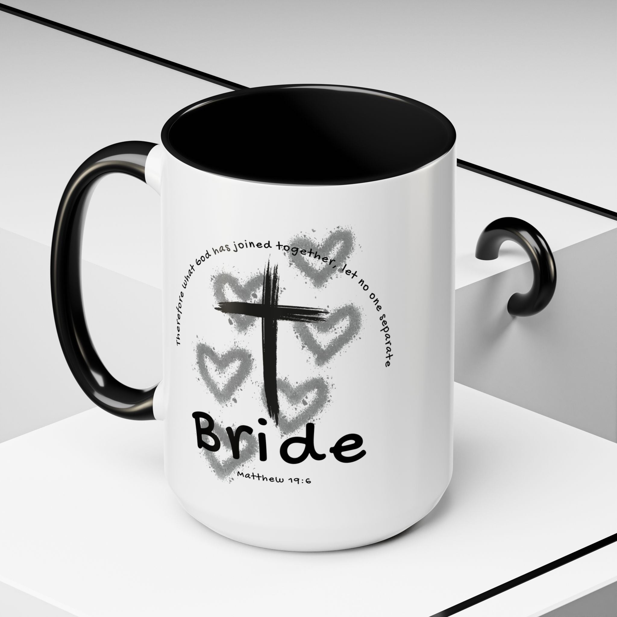 Bride Coffee Mug — Christian Cross & Hearts Accent Mug (Matthew 19:6)